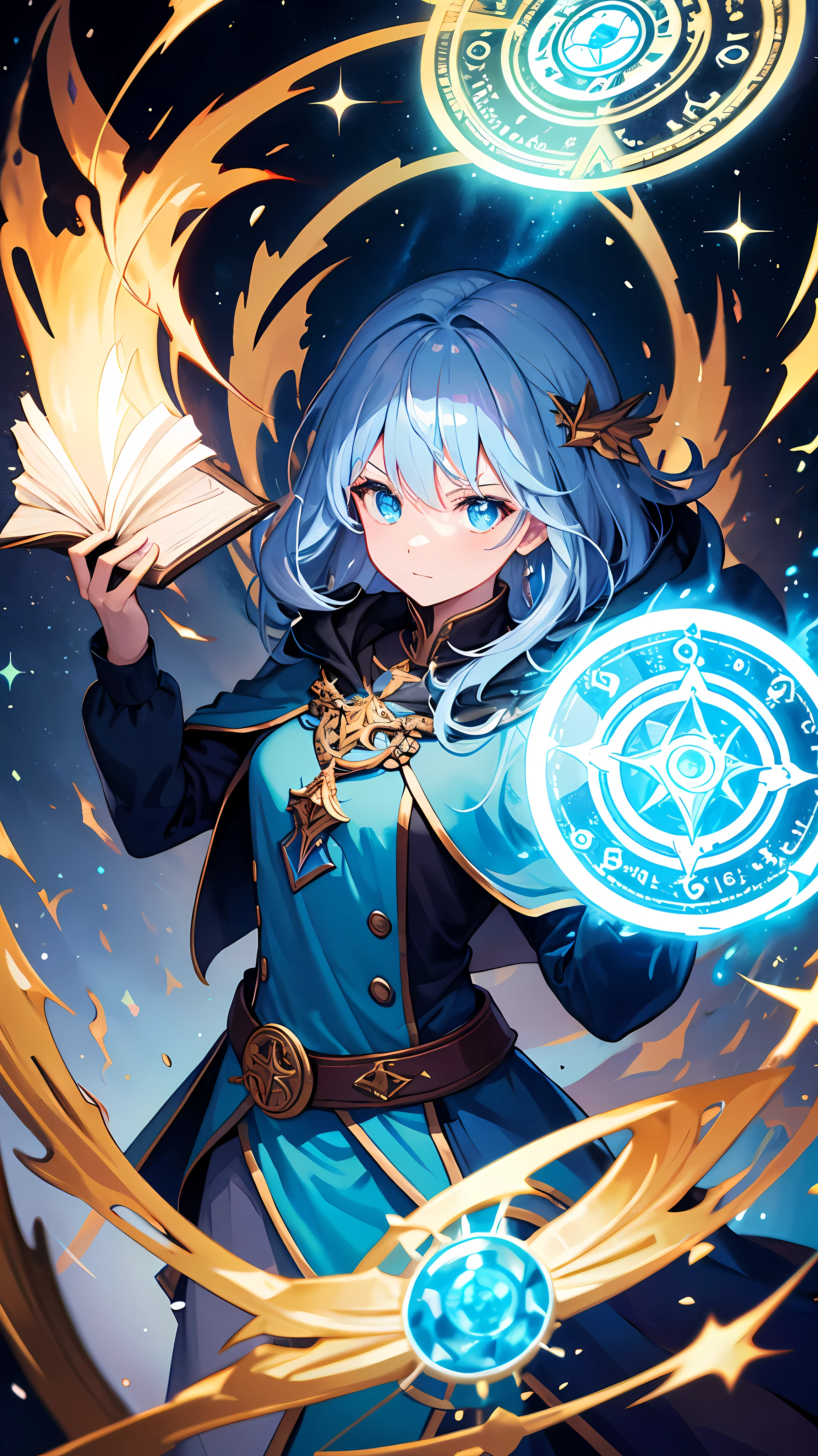One powerful mage,casting magic,holding a grimoire,awesome background,magic circle,super detailed,ultra sharp,high quality,masterpiece 