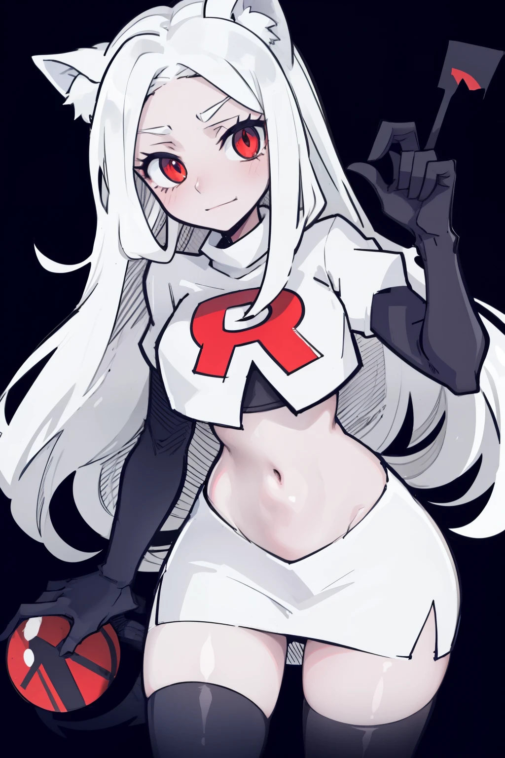 masterpiece, best quality,cerberus the dog girl with trio,red eyes, white hair,team rocket,team rocket uniform,white skirt,red letter R,crop top,black thigh-highs,black elbow gloves, comic strip