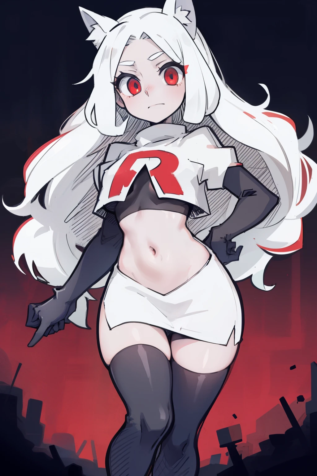masterpiece, best quality,cerberus the dog girl with trio,red eyes, white hair,team rocket,team rocket uniform,white skirt,red letter R,crop top,black thigh-highs,black elbow gloves, comic strip