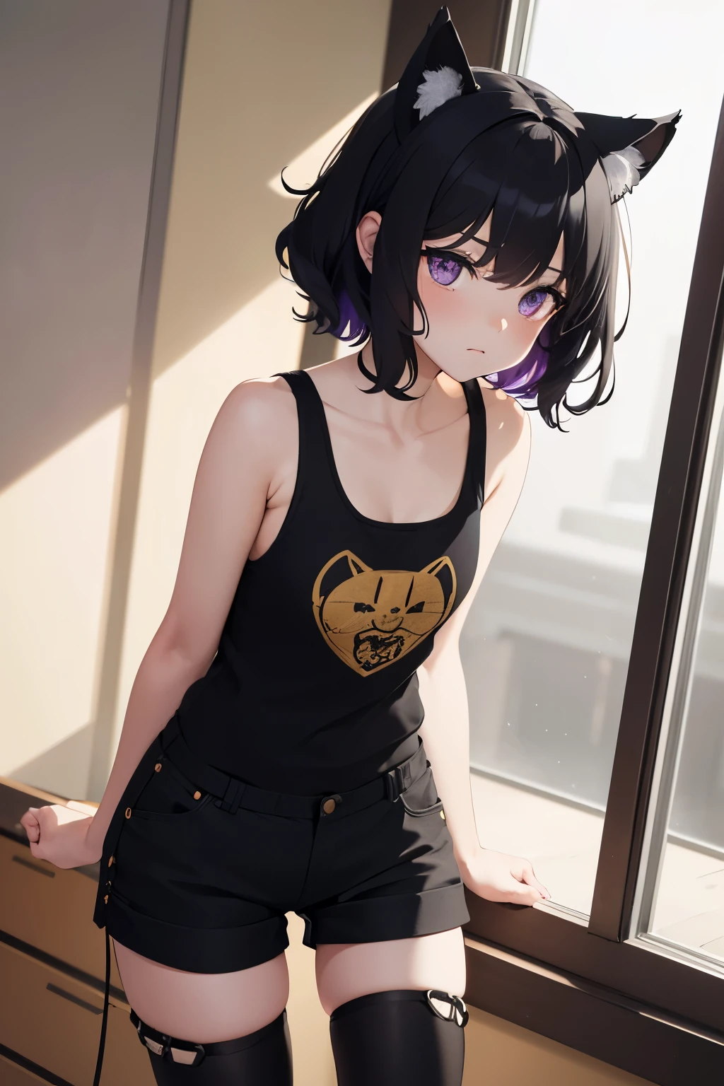 best quality, 32k, RAW photo, incredibly absurdres, extremely detailed, delicate texture, 15 years old, cheerful and active cute girl, wearing tank top, shorts, expressionless, shy, black-purple wavy messy short hair, black cat ears, black engineer boots