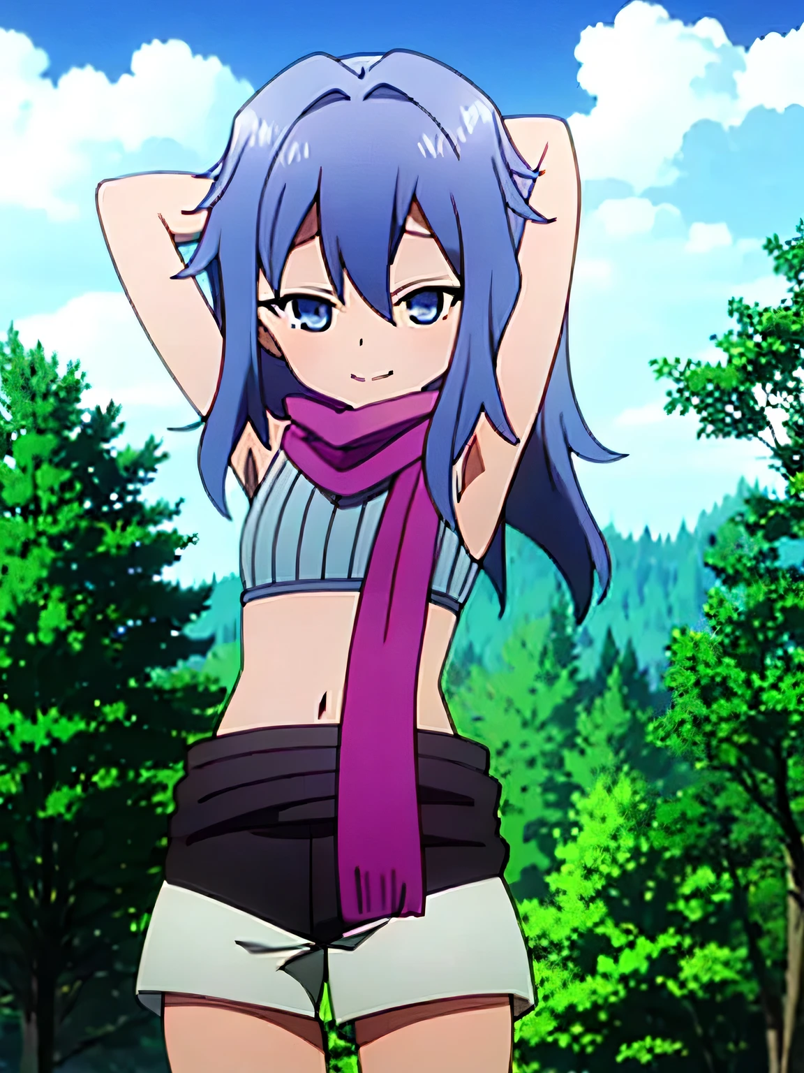 kunoichi_hagi, blue eyes, blue hair, long hair, crop top, sleeveless, purple scarf, shorts, anime, closed mouth, solo, cowboy shot, night sky, forest, arms behind head, contrapposto, shy smile, spread armpits, shy smile, looking at viewer,