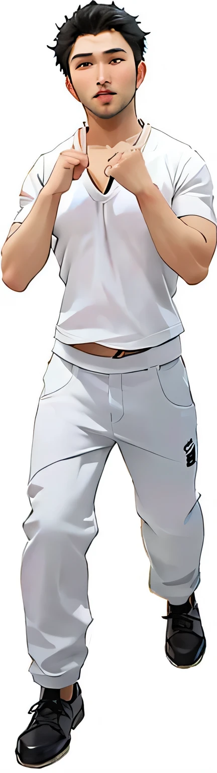 arafed man in white shirt and blue Pants doing a karate pose, large Pants, Pants, hands on hips, Very grainy image, zoomed out full body, white Pants, sport Pants, baggy Pants, hands in pockets, wearing white pajamas, Has two front pockets, Full body close-up, wearing Pants and a t-shirt