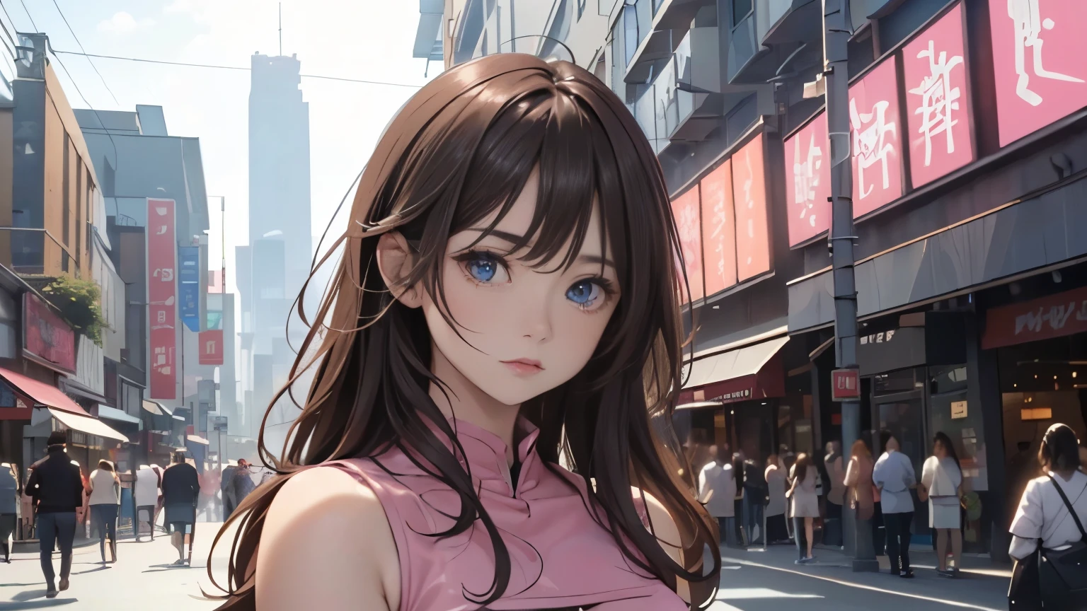 4K, A high resolution, Best quality at best, masterpiece, perfect colors, perfect shadow, perfect litthing, ((sportrait)), 1woman, fit-muscled body, face close up, bright yellow eyes, dark blue hair , blue eyes, With round lenses, detail in eyes, The audience watched carefully, (s face: 1.2), Perfect female figure, ((standing)), ((choking pink Tight crop top pink leather suit)), ((shy and looking at viewert)), (Perfect thick white eyebrows) Delicate fur, 详细s face, s the perfect face, At a fantasy industrial city , (model pose standing), energetic background, perfect city skyscape, lighting atmosphere, ((Bonifasko lighting)), (The round lenses on his eyes)(詳細な目), Perfect student, face close up