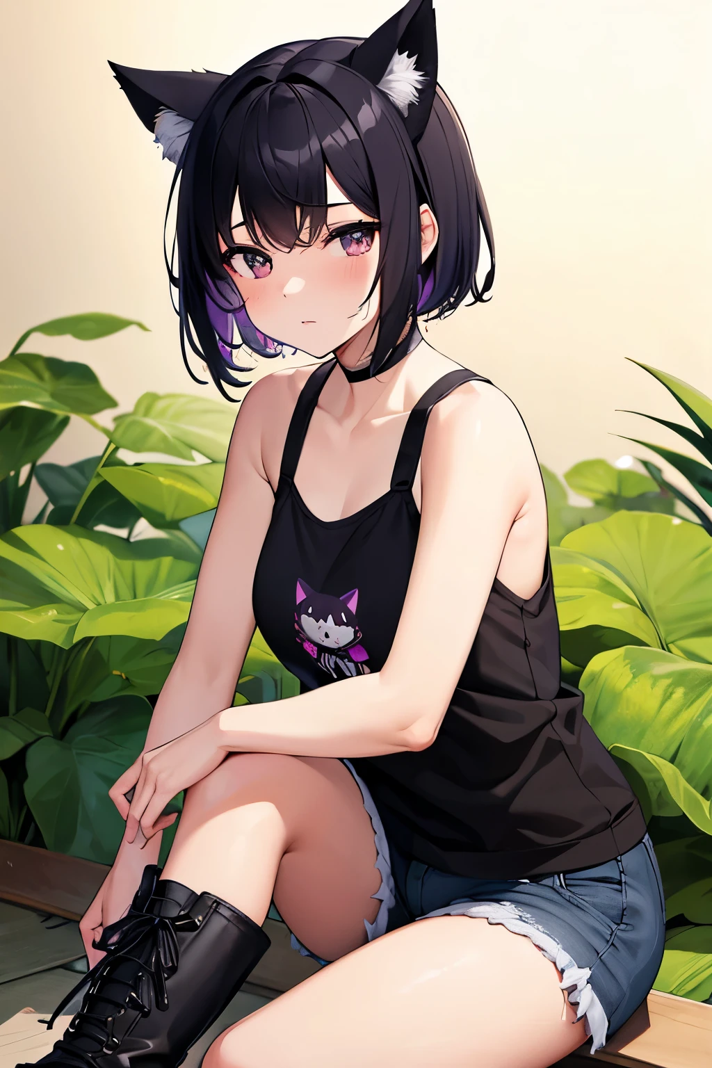 best quality, 32k, RAW photo, incredibly absurdres, extremely detailed, delicate texture, 15 years old, cheerful and active cute girl, wearing tank top, shorts, expressionless, shy, black-purple wavy messy short hair, black cat ears, black engineer boots