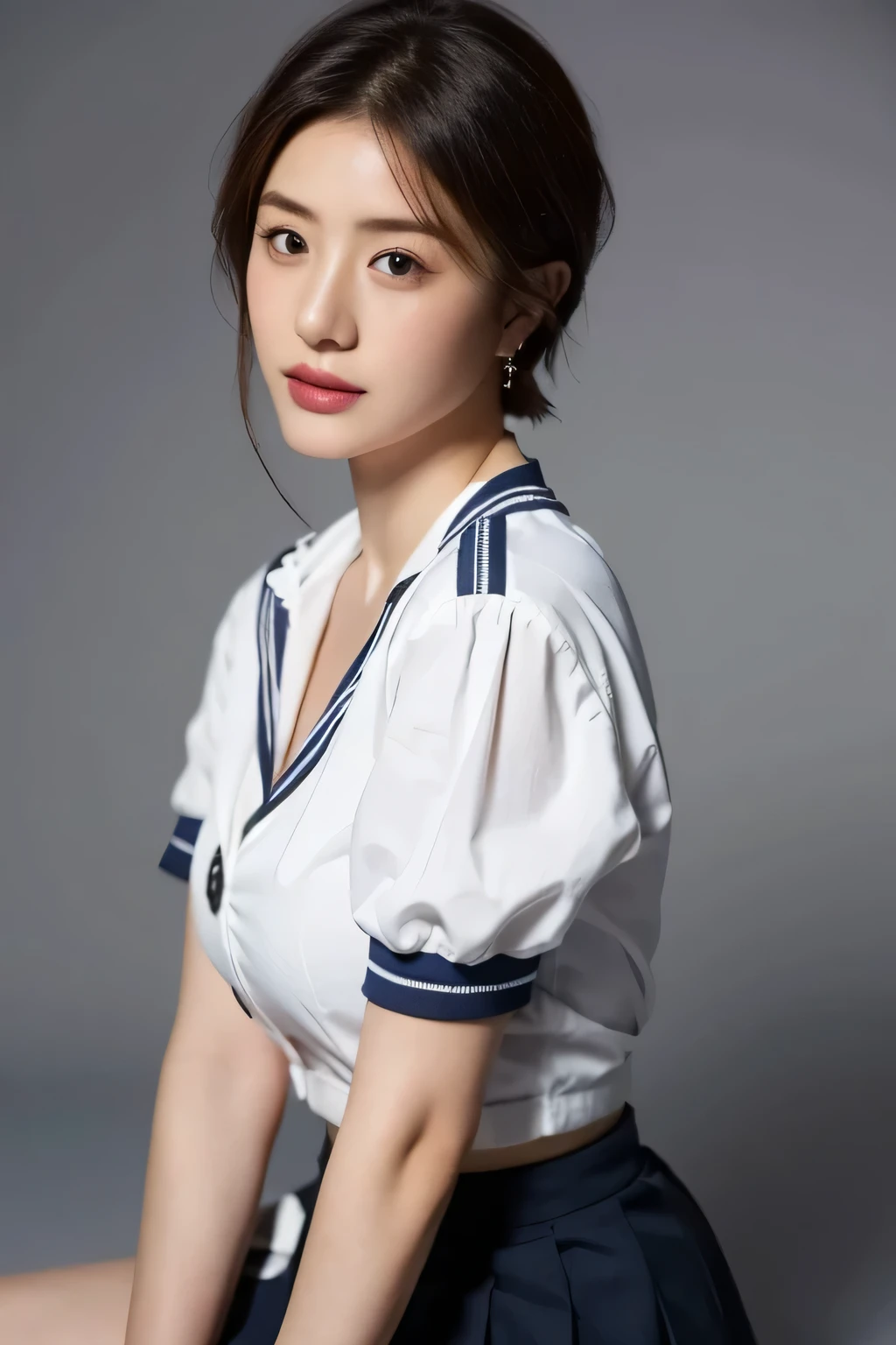 (highest quality,8K,masterpiece),studio photography,
Very beautiful Japan models,fine skin,realistic skin, lip gloss,rouge,
very short hair,pixie cut,
School_uniform, big earrings,costume,sailor suit,sailor uniform,
big breasts,thighs,
skirt, white shirt, big breasts,emphasize cleavage,
gray background