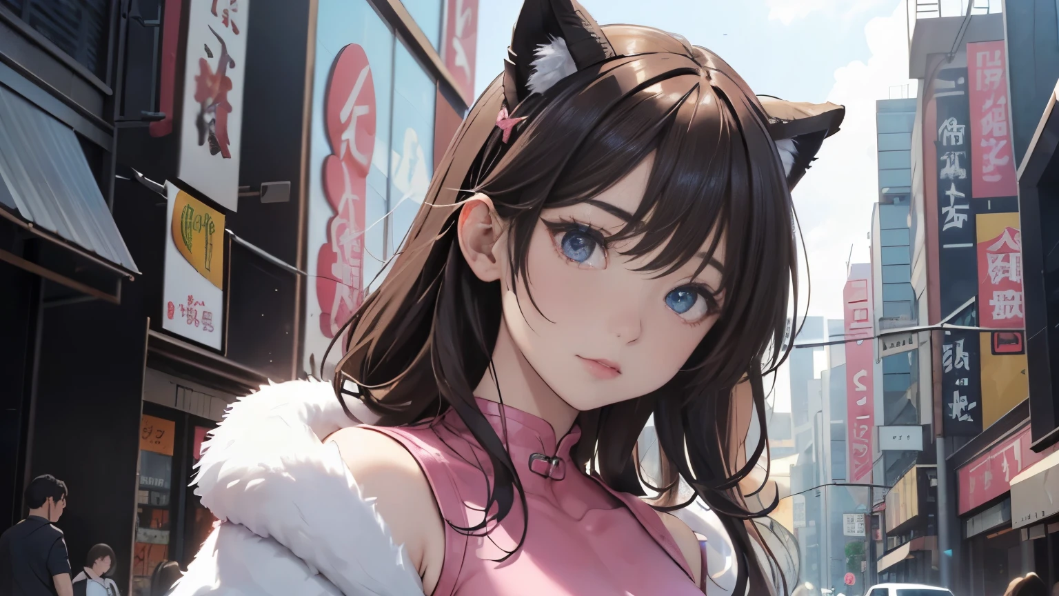 4K, A high resolution, Best quality at best, masterpiece, perfect colors, perfect shadow, perfect litthing, ((sportrait)), 1woman, fit-muscled body, face close up, bright yellow eyes, dark blue hair , blue eyes, With round lenses, detail in eyes, The audience watched carefully, (s face: 1.2), nipple bump, Perfect female figure, ((standing)), ((choking pink Tight crop top pink leather suit)), ((shy and looking at viewert)), (Perfect thick white eyebrows) Delicate fur, 详细s face, s the perfect face, At a fantasy industrial city , (model pose standing), energetic background, perfect city skyscape, lighting atmosphere, ((Bonifasko lighting)), (The round lenses on his eyes)(詳細な目), Perfect student, face close up
