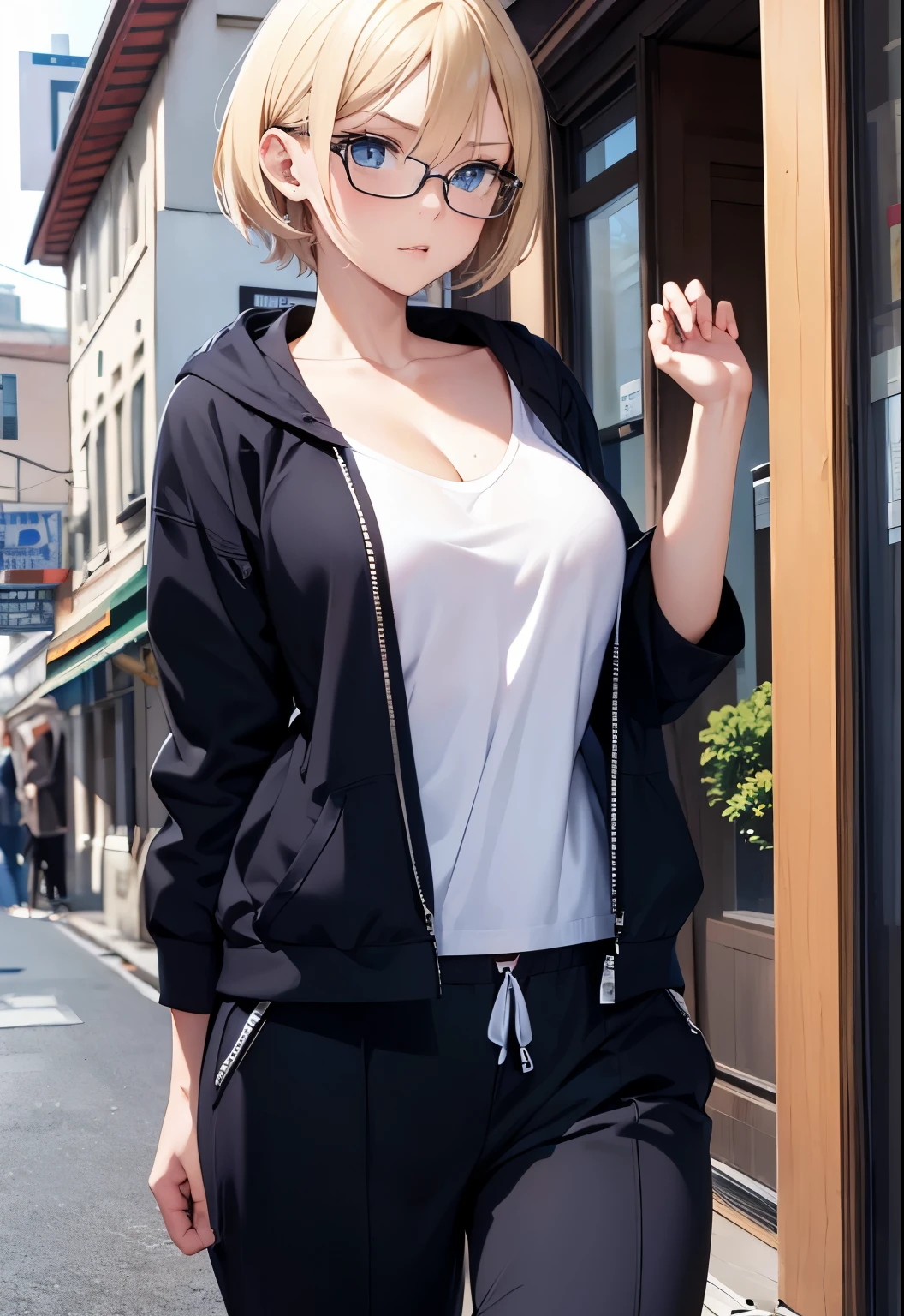 High resolution, 2D anime style,,blue eyes beautiful eyes,high and beautiful nose,thin face,blonde boyish short hair,cool woman,beautiful clock,Chest is slightly larger,she looks very happy,biting one's lips, she was very angry, she narrows her eyes, she wears glasses,Fashion that shows cleavage,she is wearing an open hoodie and long pants.,Walking around town,The streets are American