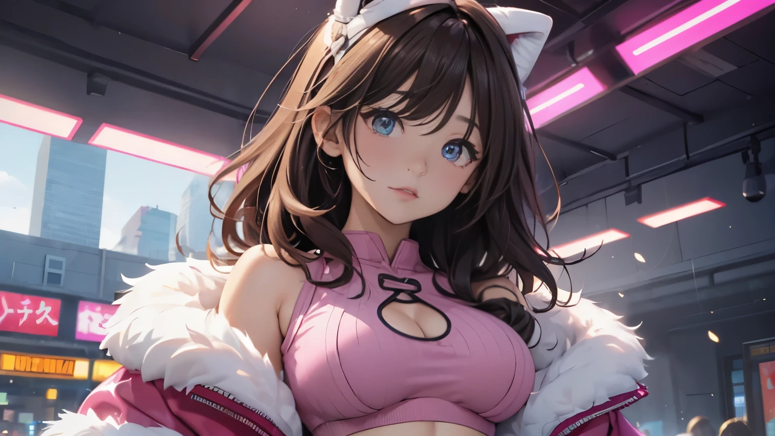 4K, A high resolution, Best quality at best, masterpiece, perfect colors, perfect shadow, perfect litthing, ((sportrait)), 1woman, fit-muscled body, face close up, bright yellow eyes, dark blue hair , blue eyes, With round lenses, detail in eyes, The audience watched carefully, (s face: 1.2), nipple bump, Perfect female figure, ((standing)), ((choking pink Tight crop top pink leather suit)), ((shy and looking at viewert)), (Perfect thick white eyebrows) Delicate fur, 详细s face, s the perfect face, At a fantasy industrial city , (model pose standing), energetic background, perfect city skyscape, lighting atmosphere, ((Bonifasko lighting)), (The round lenses on his eyes)(詳細な目), Perfect student, face close up