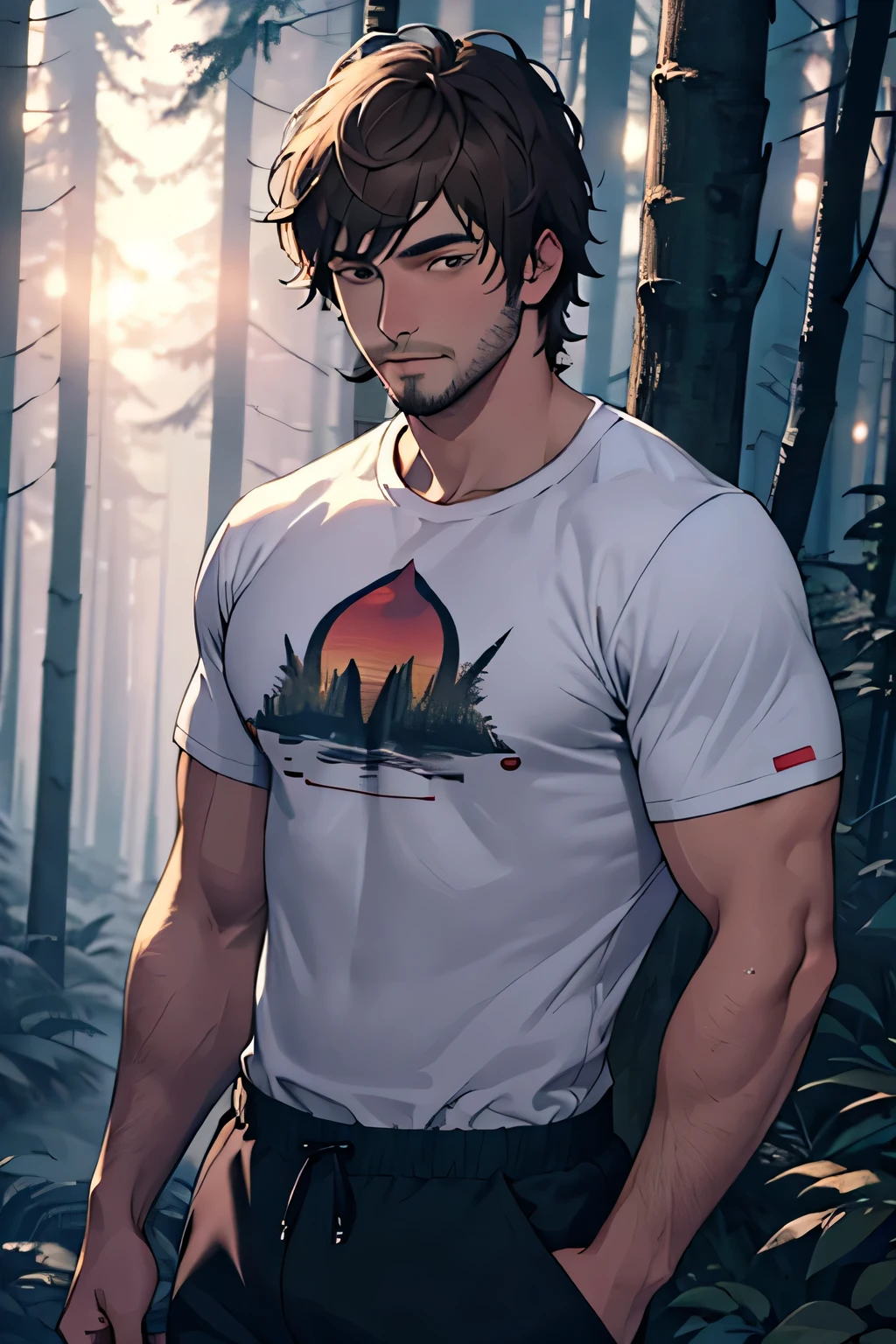 ((best quality)), ((masterpiece)), (detailed), perfect face, young man, male, has shaggy brown hair, hair goes down to his shoulders, has stubble, wearing a t-shirt and pants, background is a dark forest at night