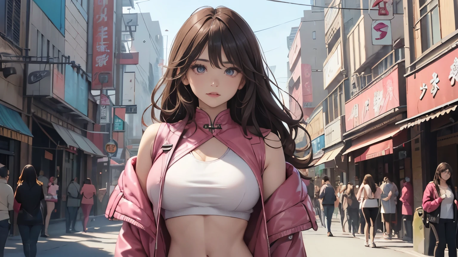 4K, A high resolution, Best quality at best, masterpiece, perfect colors, perfect shadow, perfect litthing, ((sportrait)), 1woman, fit-muscled body, face close up, bright yellow eyes, dark blue hair , blue eyes, With round lenses, detail in eyes, The audience watched carefully, (s face: 1.2), nipple bump, Perfect female figure, ((standing)), ((choking pink Tight crop top pink leather suit)), ((shy and looking at viewert)), (Perfect thick white eyebrows) Delicate fur, 详细s face, s the perfect face, At a fantasy industrial city , (model pose standing), energetic background, perfect city skyscape, lighting atmosphere, ((Bonifasko lighting)), (The round lenses on his eyes)(詳細な目), Perfect student, face close up