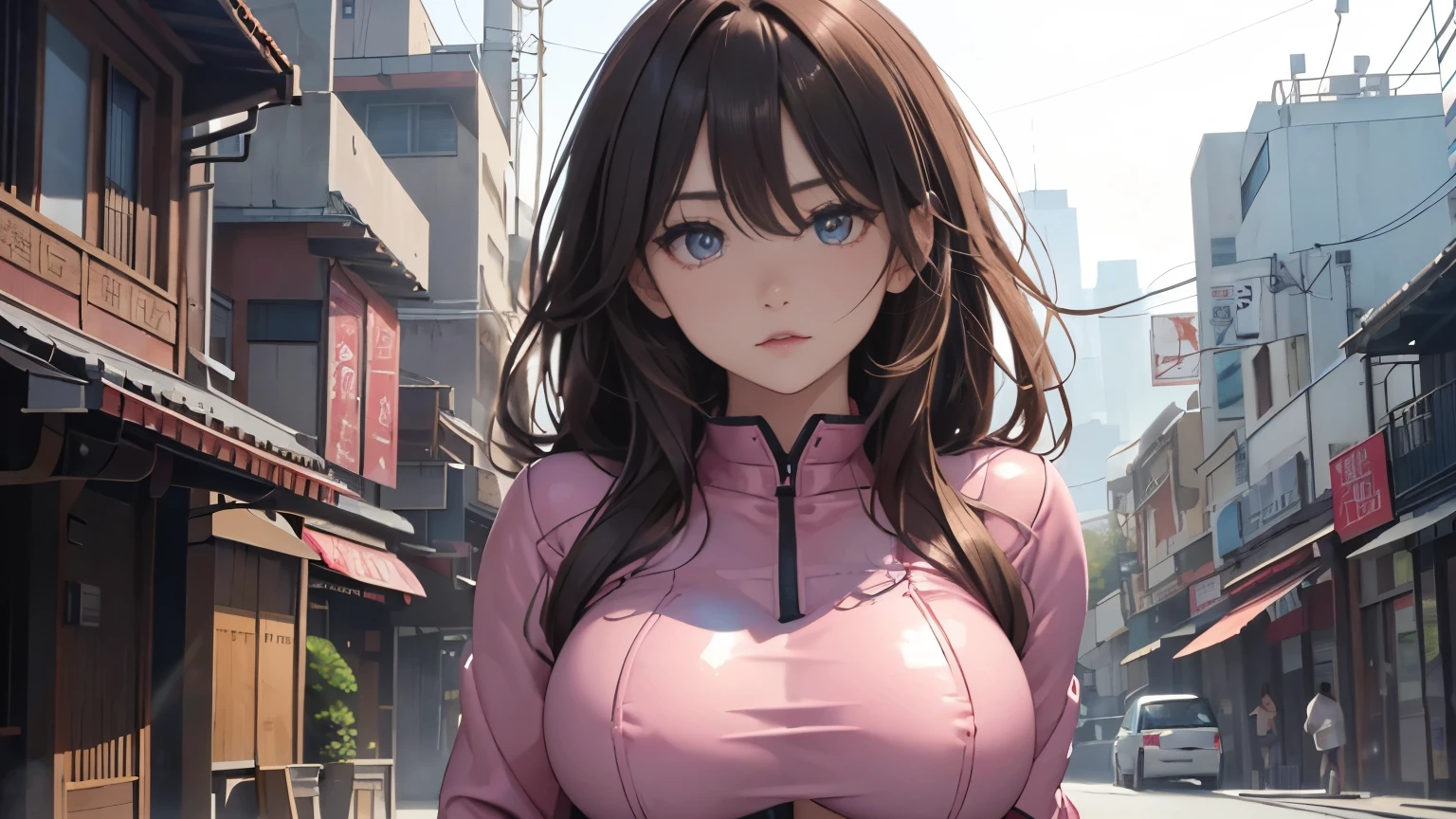 4K, A high resolution, Best quality at best, masterpiece, perfect colors, perfect shadow, perfect litthing, ((sportrait)), 1woman, fit-muscled body, face close up, bright yellow eyes, dark blue hair , blue eyes, With round lenses, detail in eyes, The audience watched carefully, (s face: 1.2), nipple bump, Perfect female figure, ((standing showing body curveand shape)), ((choking pink Tight crop top pink leather suit)), ((shy and looking at viewert)), (Perfect thick white eyebrows) Delicate fur, 详细s face, s the perfect face, At a fantasy industrial city , (model pose standing), energetic background, perfect city skyscape, lighting atmosphere, ((Bonifasko lighting)), (The round lenses on his eyes)(詳細な目), Perfect student, face close up