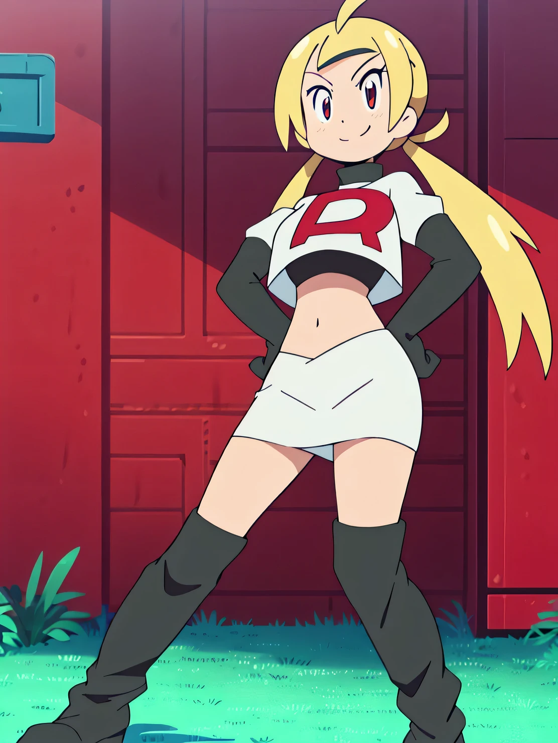 1girl in, (Solo:1.2), (Perfect body:1.1), (Best Quality:1.1), Cute Girl, Tsundere:1.1, (student clothes:1.4), (tiered layers skirt:1.2), very large breast, a blond, Long twintails, Black Ribbon Hair Fastening, Tsuriformes, sharp eye, Sanpaku eyes, (Seductive smile:1.5), Noble atmosphere, Fine-grained skin, (Choker with a cross:1.1), View of the valley, Navel Ejection, Raw feet, a belt on the thighhigh, Bright red eyes, Shining eyes, (NSFW:0.8), 8K, a belt on the thighhigh, Skinny Legs, School grounds with grass, full body seen, (Looking down here:1.2), (Loose socks:1.3), I don't have anything in my hands, No one around, hands on hip,team rocket uniform, red letter r, white skirt,white crop top,black thigh-high boots, black elbow gloves, glaring angrily, looking at viewer, hands on hips, full body seen