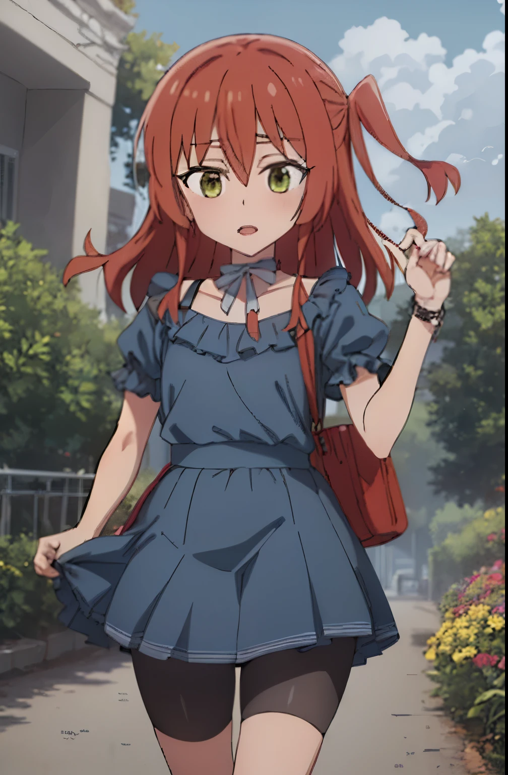 1 girl, ikuyo kita, bangs, red hair, long hair, one side up hair, green eyes, open eyes, blue dress, puffy sleeves, short sleeves, hdr, looking ahead, bike shorts, open mouth, standing, pov, flowers,