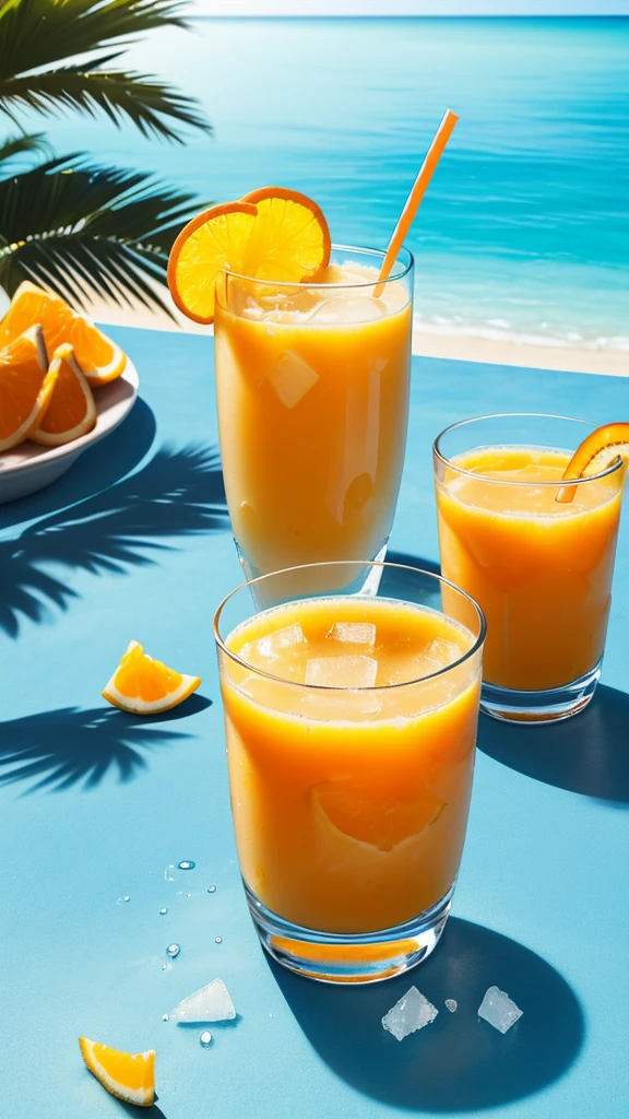 A glass of orange juice, ice cubes, straws, summer beach, table, blue ocean, sunny skies, great picture quality.