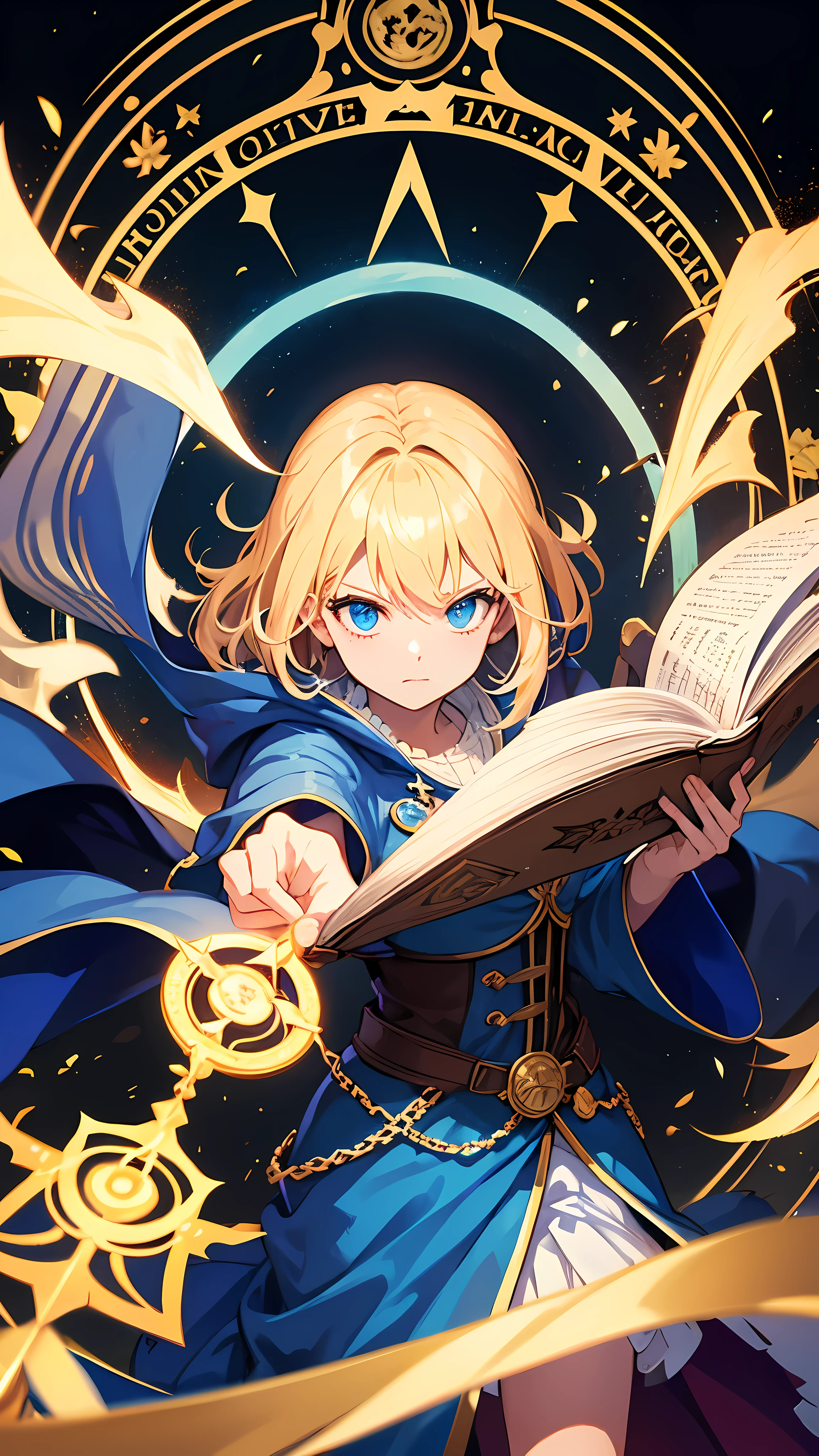 One powerful mage,casting magic,holding a grimoire,awesome background,magic circle,super detailed,ultra sharp,high quality,masterpiece