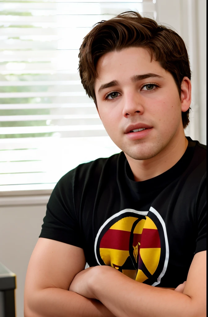 realistic,masterpiece,best quality,cinematic,dynamic lighting,soft shadow,highest detail,professional photography,detailed background,depth of field,insane details,intricate,aesthetic,detailed face,subsurface scattering,realistic hair,realistic eyes,Josh Peck,slim,portrait photo of a grinning (dg_ShawnPyfrom) wearing black/red t-shirt,crewcut hair,stubble,upper body,arms folded,