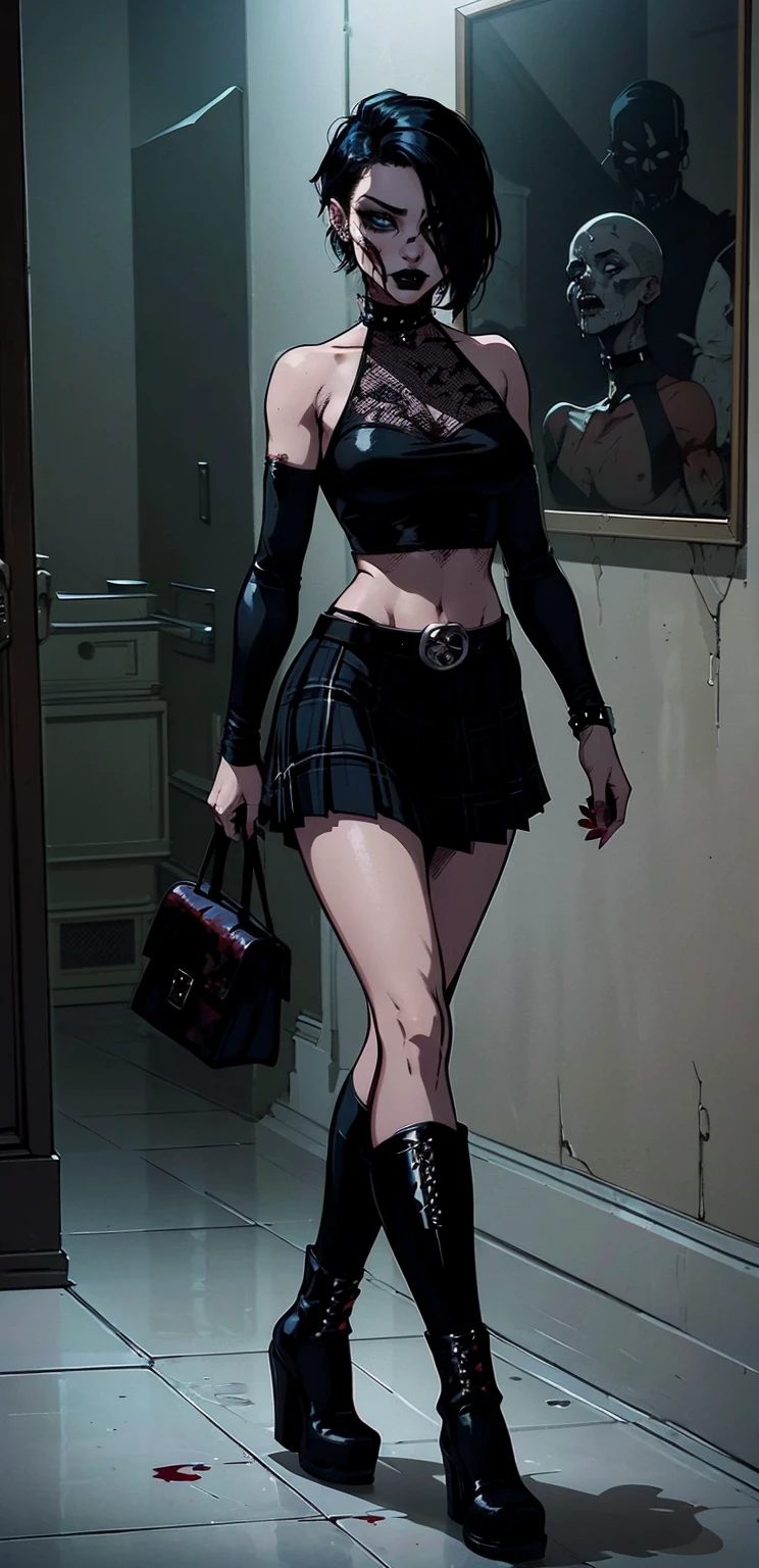 a woman with short black hair, hair on shoulders,  wearing a black cropped  and plaid skirt, blue eyes, zombie art, gothic art, cute aesthetic with vibe, toon aesthetic, wearing red costume, wearing gothic accessories, look like Cassie Hack, whole body, walking on the floor, black boots, zombie background