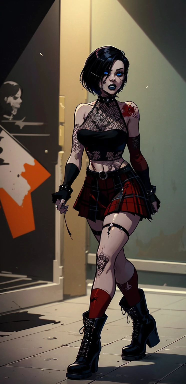 a woman with short black hair, hair on shoulders,  wearing a black cropped  and plaid skirt, blue eyes, zombie art, gothic art, cute aesthetic with vibe, toon aesthetic, wearing red costume, wearing gothic accessories, look like Cassie Hack, whole body, walking on the floor, black boots, zombie background