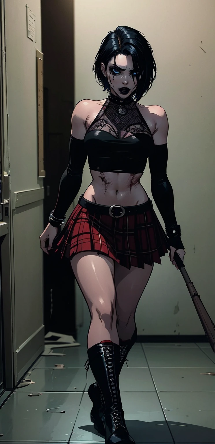 a woman with short black hair, hair on shoulders,  wearing a black cropped  and plaid skirt, blue eyes, zombie art, gothic art, cute aesthetic with vibe, toon aesthetic, wearing red costume, wearing gothic accessories, look like Cassie Hack, whole body, walking on the floor, black boots, zombie background