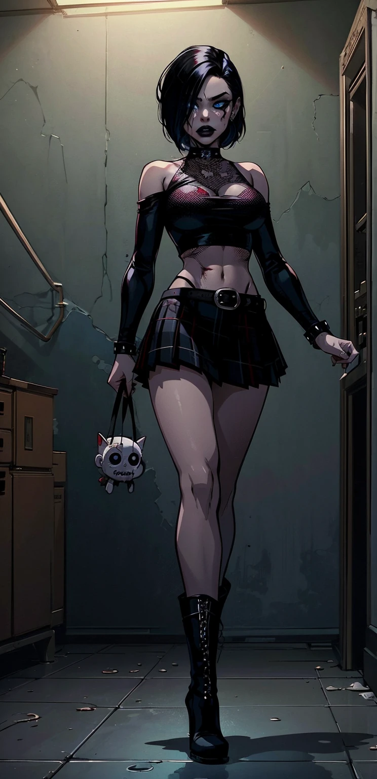 a woman with short black hair, hair on shoulders,  wearing a black cropped  and plaid skirt, blue eyes, zombie art, gothic art, cute aesthetic with vibe, toon aesthetic, wearing red costume, wearing gothic accessories, look like Cassie Hack, whole body, walking on the floor, black boots, zombie background