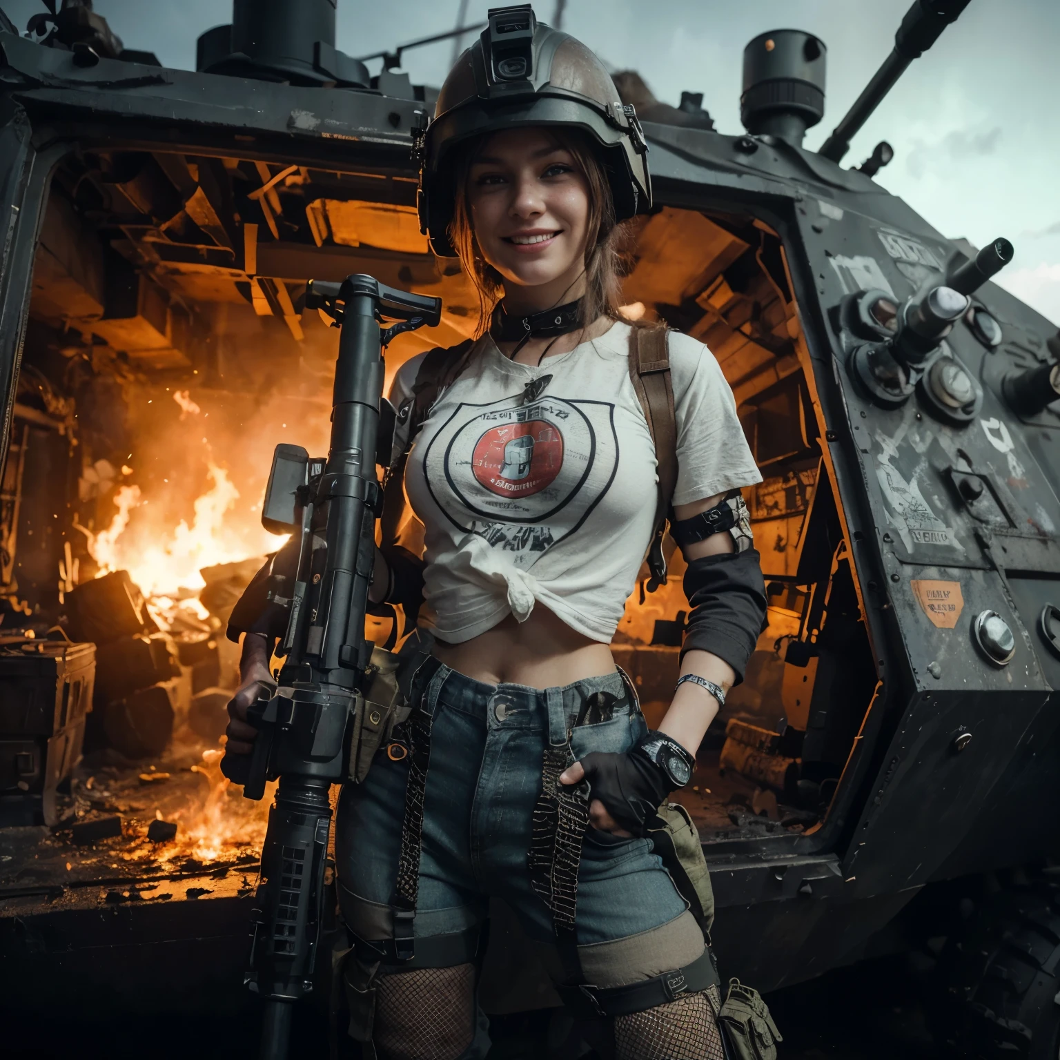 hyper ultra realistic scenery moment detail sharp shade photography, gloomy mood dark sky, wide shoot full body of fictional character: a russian sexy girl detail facial pore freckles, bald hair wearing soldier helmet full of badges, cool smile grin expression, band aid on cheeks, topless with big breast, pink nipples shown, wear jeans shortpants & net stockings, wear military boot, and hold a bazooka, posing outside of cabin of a modified tank, dystopia fire sparks background cinematic.--style raw --v 6.0