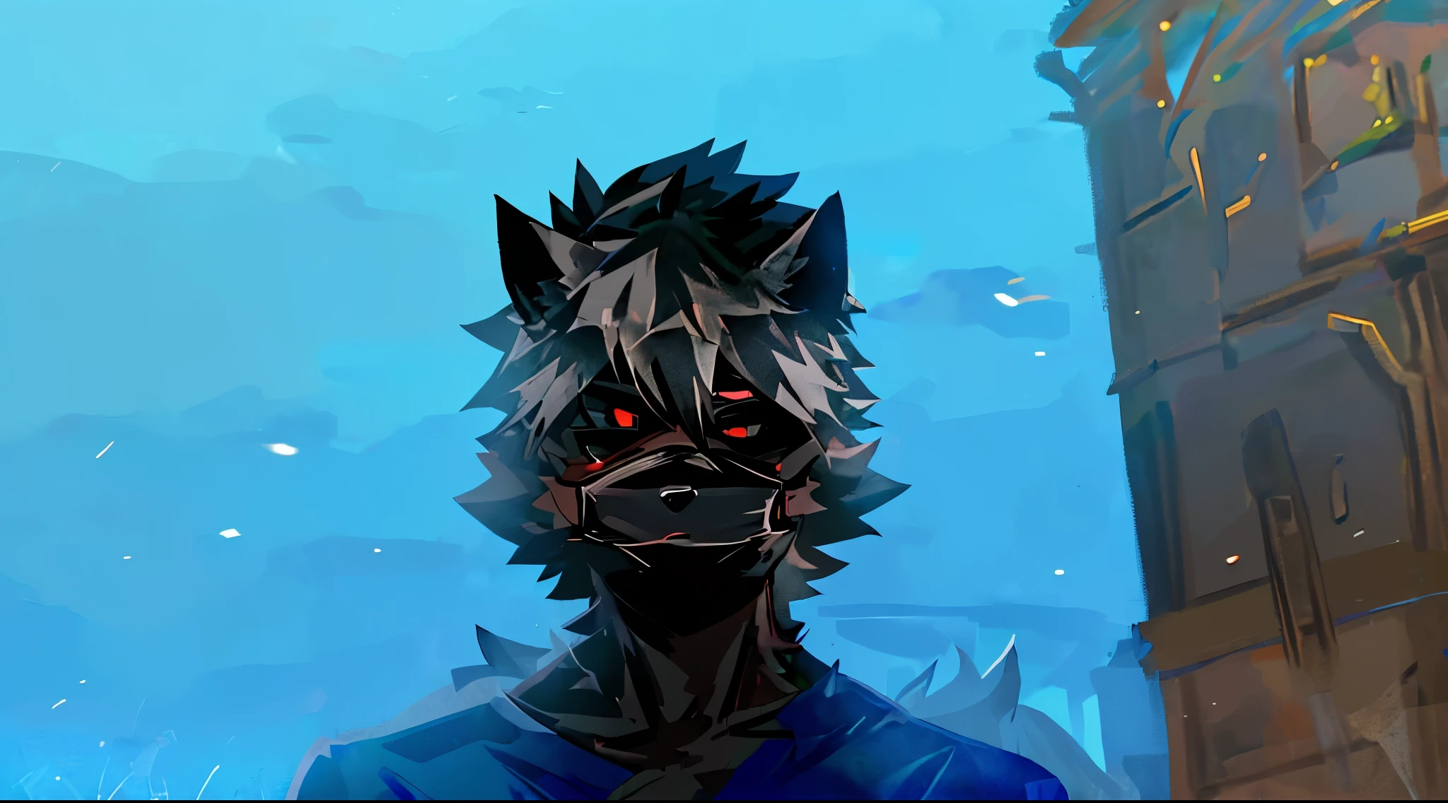 Anime style, boy, wolf mask, dark-skinned boy wearing wolf mask, perfect
