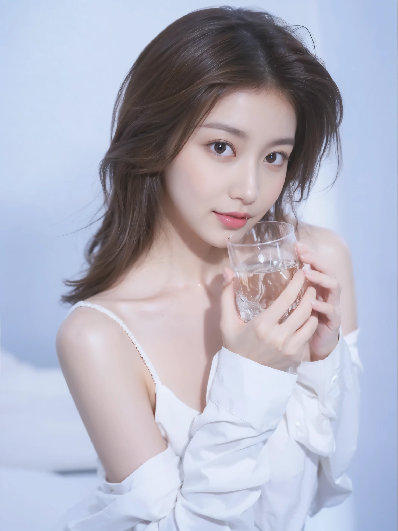((​Masterpiece, Top image quality, high resolution、alone、shiny skin))(on the table, best quality, actual, super detailed, meticulous, high resolution, 8k wallpaper), Close-up portrait of a beautiful woman, Chariada, smiling, light brown messy hair, Perfect dynamic composition, 美丽meticulous的眼睛, Just like the cover of a fashion magazine, on campus