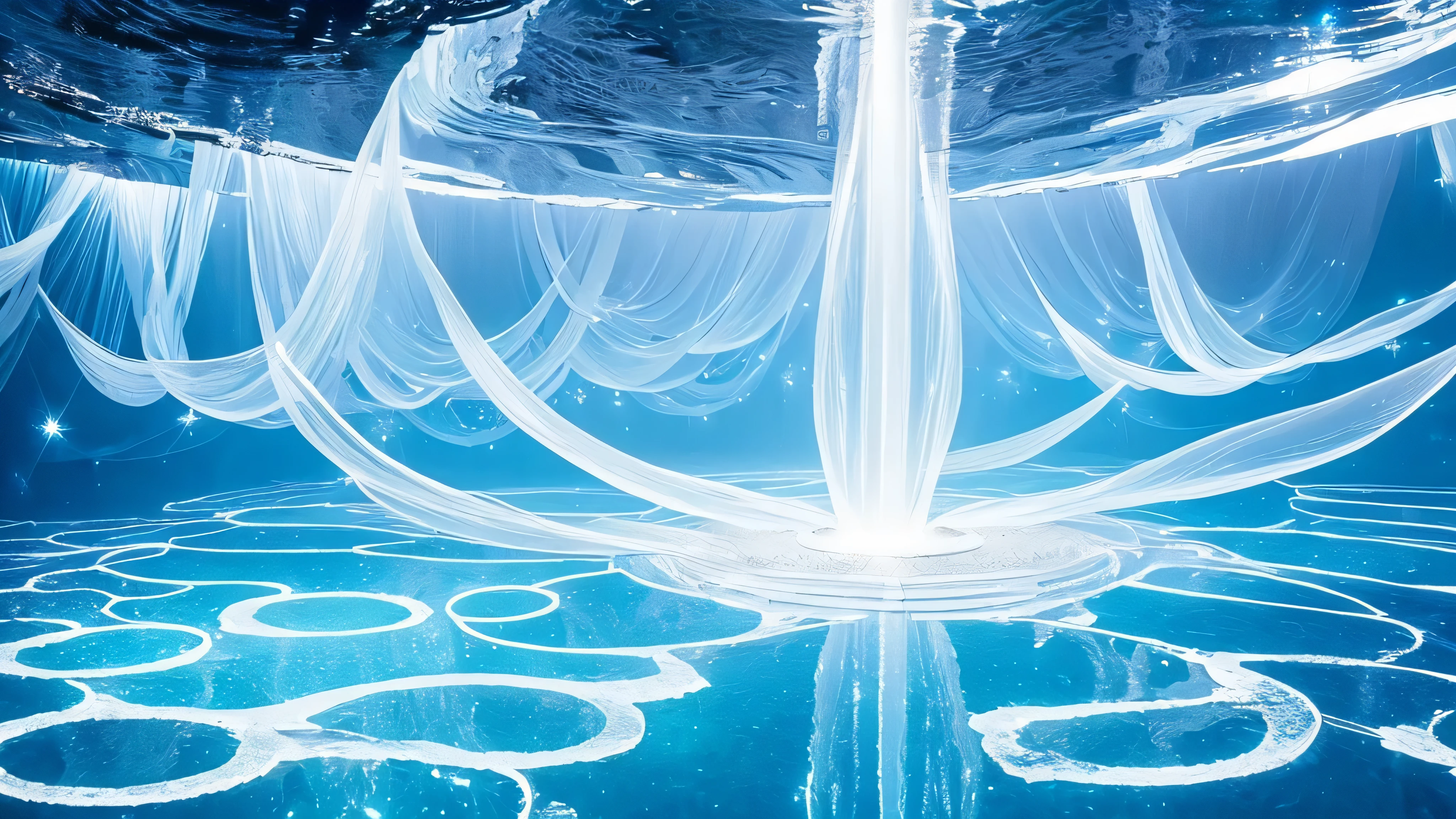 ((Light blue-white tones，shining white light，halo))，masterpiece，top quality，Highly intricate and exquisite details，fantasy surreal，cosmic energy，sense of space and time，Extremely spectacular、Stunning visual scenes，Many transparent glowing crystal trees and mandala flowers，transparent reflective lake，Small waves, ripple, water drop splash，Fresh and healing wind