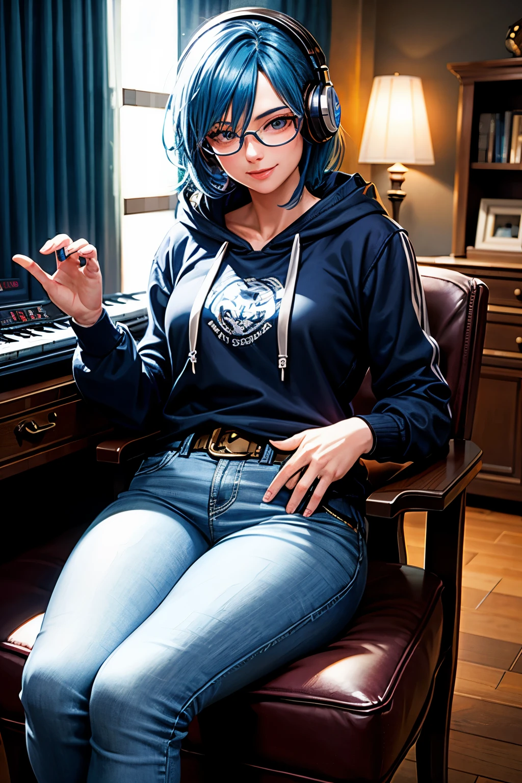 (masterpiece, best quality), 1 girl, normal build, lobo (LOL) player, bedroom, casual chair, headphones on, glasses, blue hair, smiling, keyboard in hand, focused expression, soft lighting, detailed facial features, realistic textures, hoodie and jeans, relaxed pose.