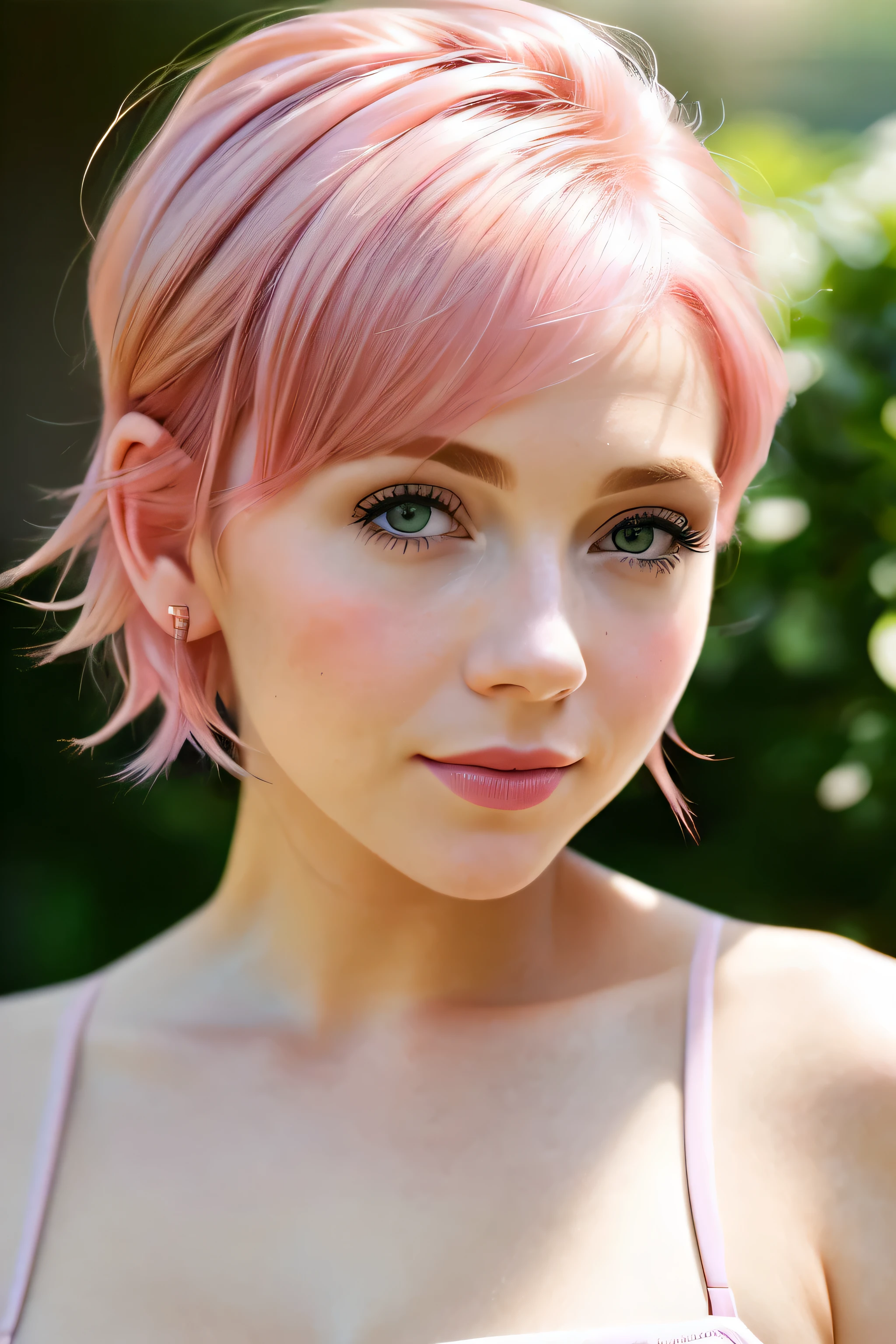 color photograph, close-up, ((a realistic photo of a beautiful short pink hair girl)), (milalc), light, ((glowy skin)), looking_at_viewer, (fit body:1.0), ((medium breasts)), high ponytail, detailed illustration, masterpiece, high quality, realistic, very detailed face,