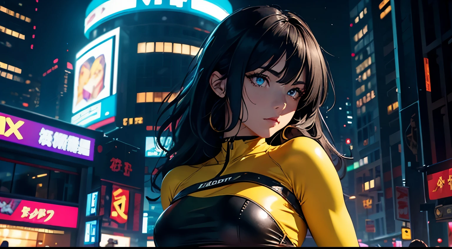 4K, A high resolution, Best quality at best, masterpiece, perfect colors, perfect shadow, perfect litthing, ((sportrait)), 1woman, fit-muscled body, bright yellow eyes,dark blue hair , blue eyes, With round lenses, The audience watched carefully, (s face: 1.2), Perfect female figure, ((standing)), ((yellow Tight crop top leather suit)), ((shy and looking at viewert)), (Perfect thick white eyebrows) Delicate fur, 详细s face, s the perfect face, At a fantasy cyberpunk city , (model pose standing), energetic background, perfect city skyscape, lighting atmosphere, ((Bonifasko lighting)), (The round lenses on his eyes)(詳細な目), Perfect student, face close up