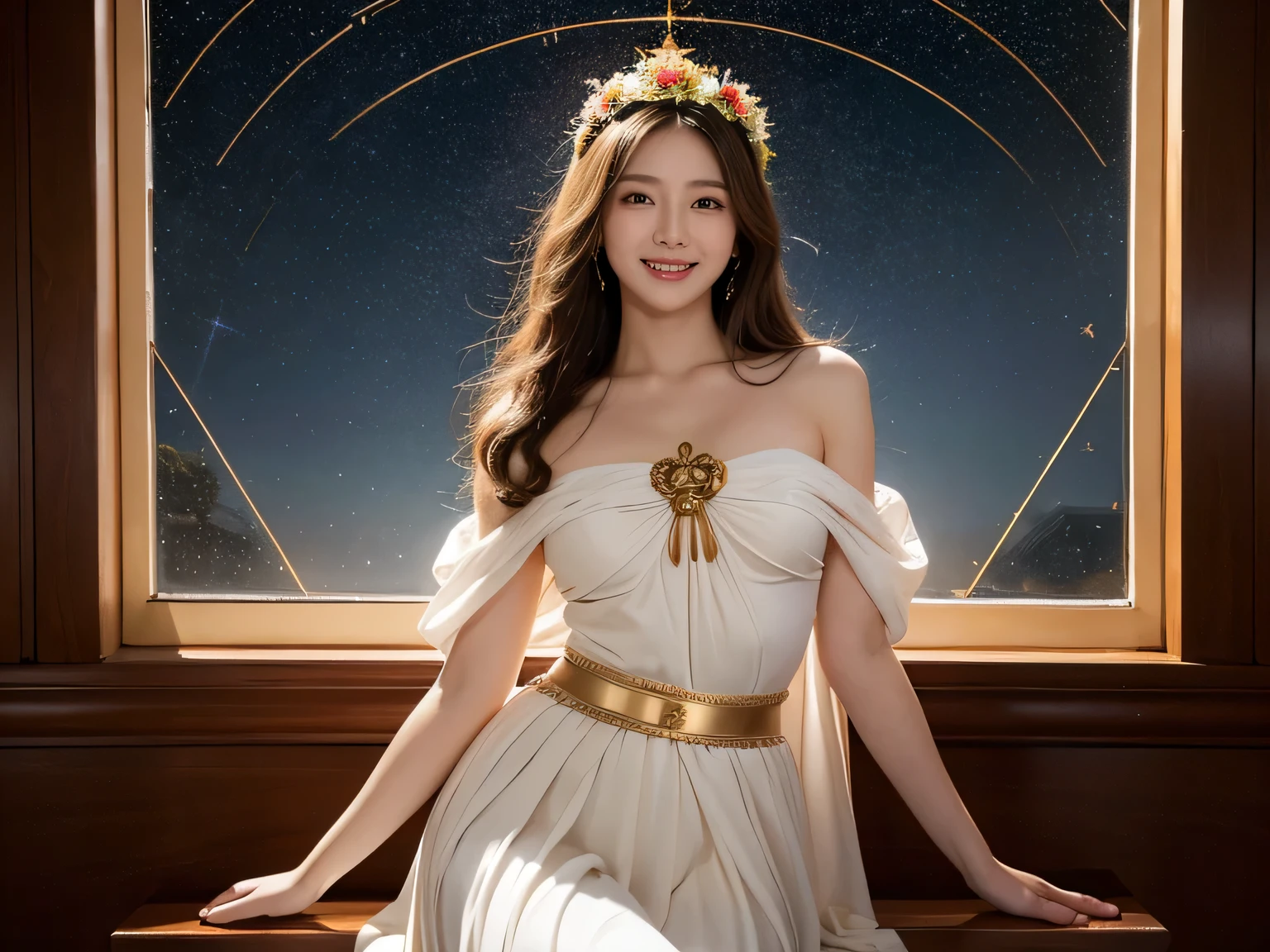 full body portrait or statue、geometry、Stained glass、12 constellations、Vigée Leblanc style、math、astronomical machine、astronaut、roses in vase、fruit、Cute trinkets、smile、ancient greek costume、Sandro Botticelli paintings、Costume that stretches your shoulders、A big smile、expression of ecstasy、sexy、beautiful bare skin、Detailed representation of the seducing woman throughout the body