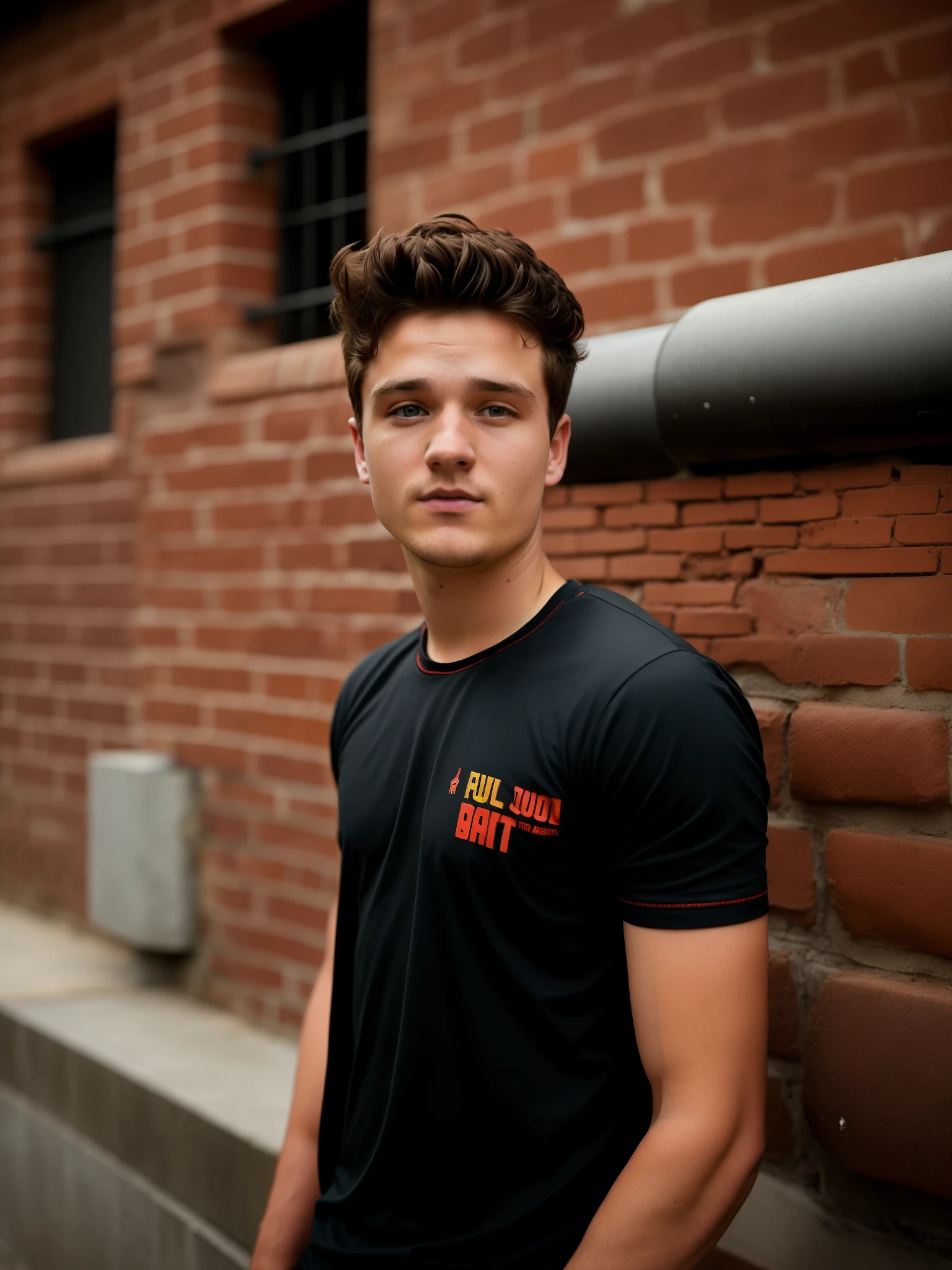there is Josh Hutcherson standing in front of a brick wall, with accurate face, taken with sony alpha 9, without beard, around 1 9 years old, taken with canon 8 0 d, he is wearing a black t-shirt, without helmet, very very low quality picture, candid picture, taken with canon 5d mk4, shot on nikon z9