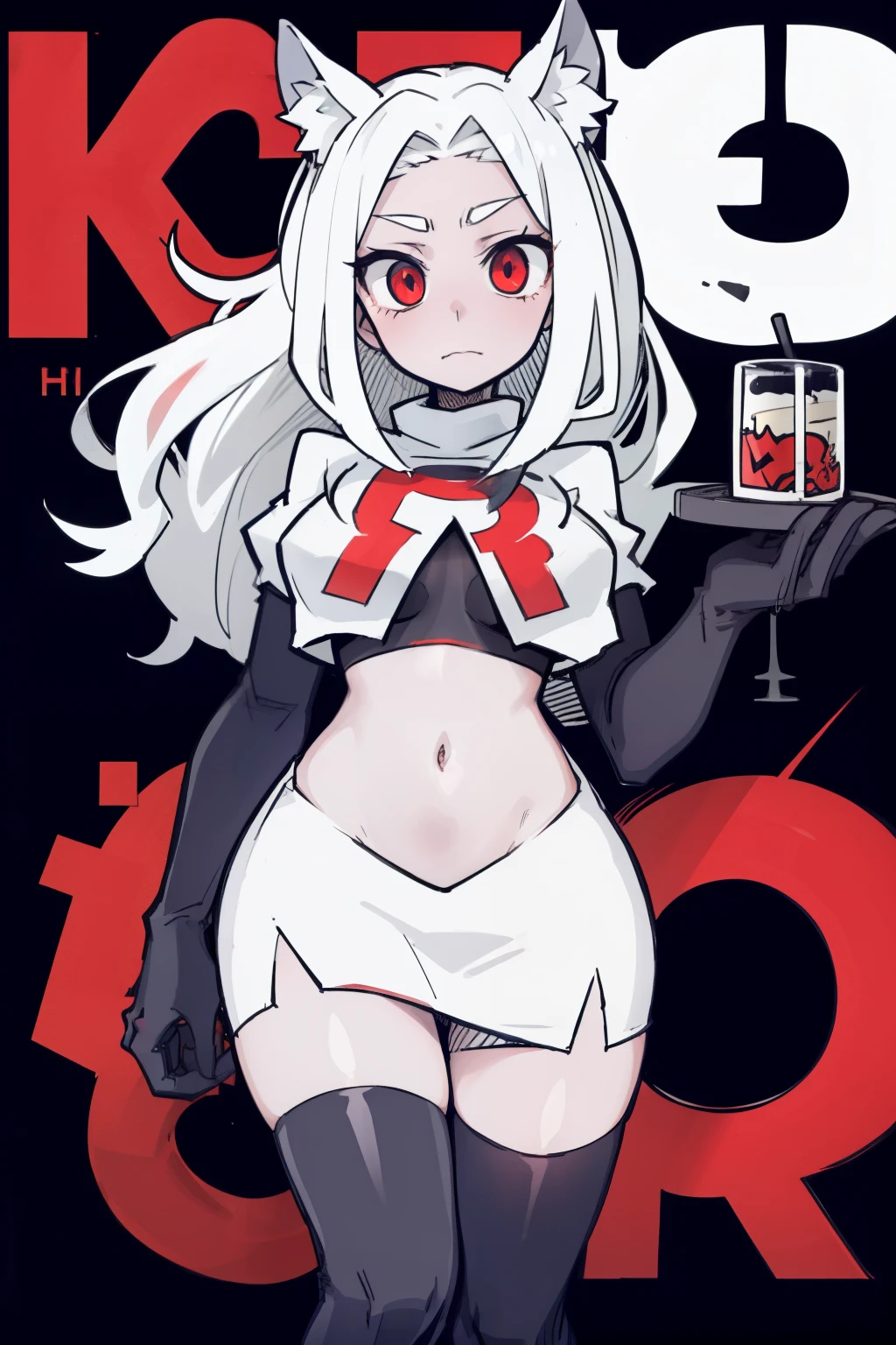 masterpiece, best quality,cerberus the dog girl with trio,red eyes, white hair,team rocket,team rocket uniform,white skirt,red letter R,crop top,black thigh-highs,black elbow gloves, comic strip