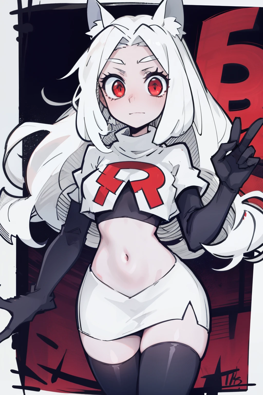 masterpiece, best quality,cerberus the dog girl with trio,red eyes, white hair,team rocket,team rocket uniform,white skirt,red letter R,crop top,black thigh-highs,black elbow gloves, comic strip