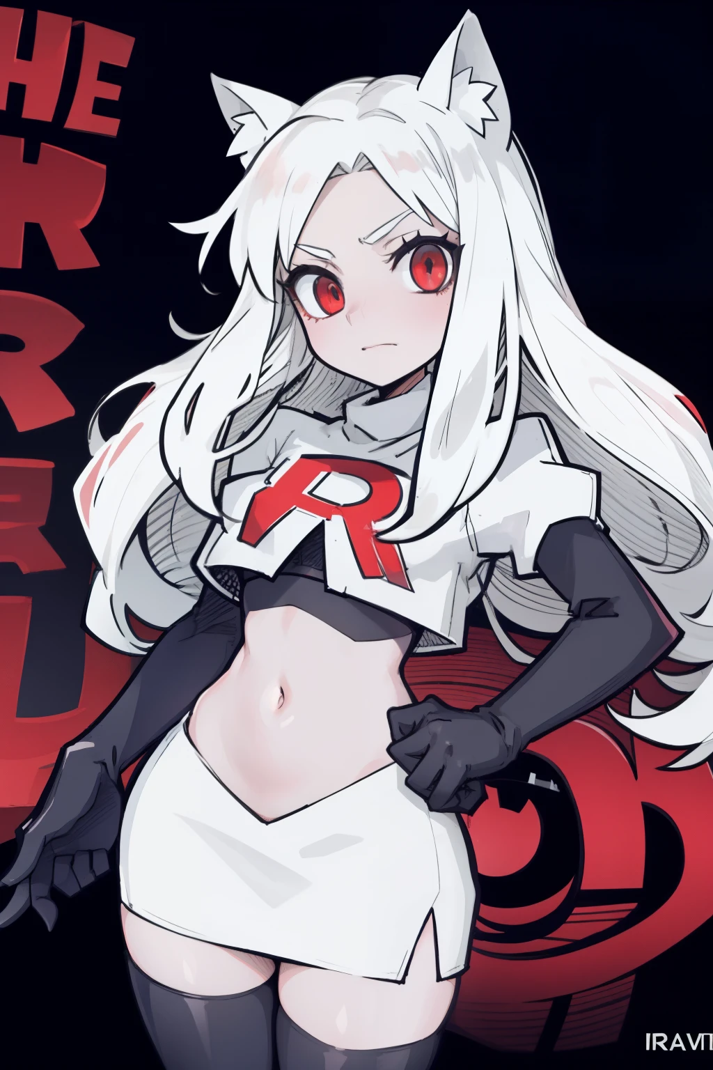 masterpiece, best quality,cerberus the dog girl with trio,red eyes, white hair,team rocket,team rocket uniform,white skirt,red letter R,crop top,black thigh-highs,black elbow gloves, comic strip
