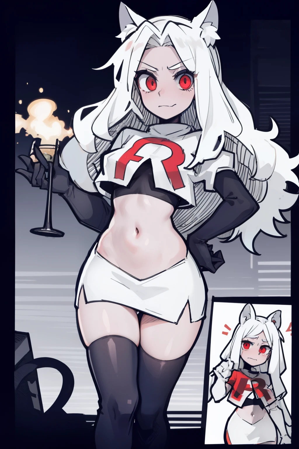 masterpiece, best quality,cerberus the dog girl with trio,red eyes, white hair,team rocket,team rocket uniform,white skirt,red letter R,crop top,black thigh-highs,black elbow gloves, comic strip