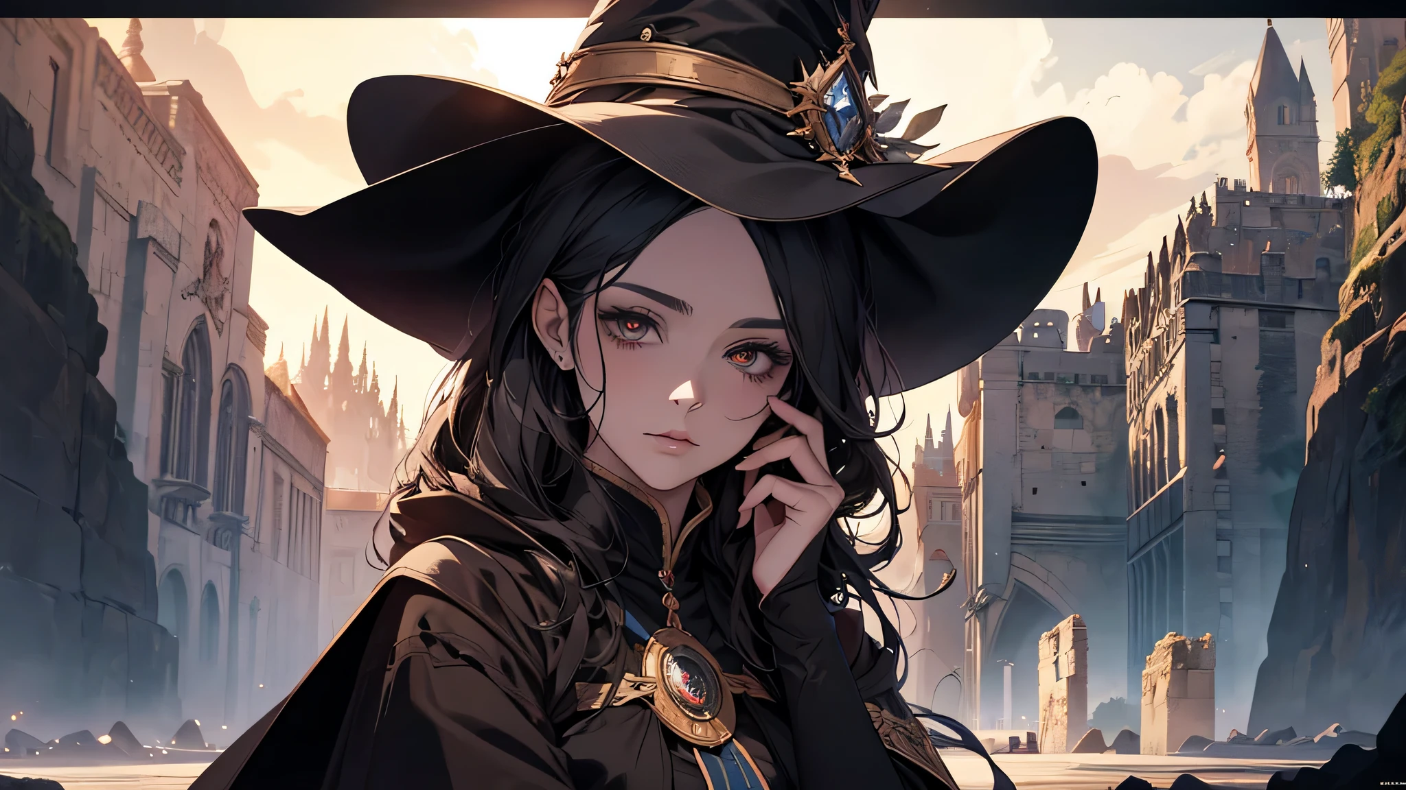 Witch in hat and cloak poses for photo, Fantasy Art Style, Stunning character art, fantasy concept art portrait, 4K fantasy art, portrait of a female mage, epic fantasy art style, epic fantasy art portrait, Fantasyart, Alexandra Fomina Artstation, 8k fantasy art, beautiful sorceress, epic exquisite character art, thick black hair, Today was the first time that she directly exchanged words with Orvieto, but she surely never thought the most talented woman of the kingdom, who was called the Witch of Sunlight, was such a calm person