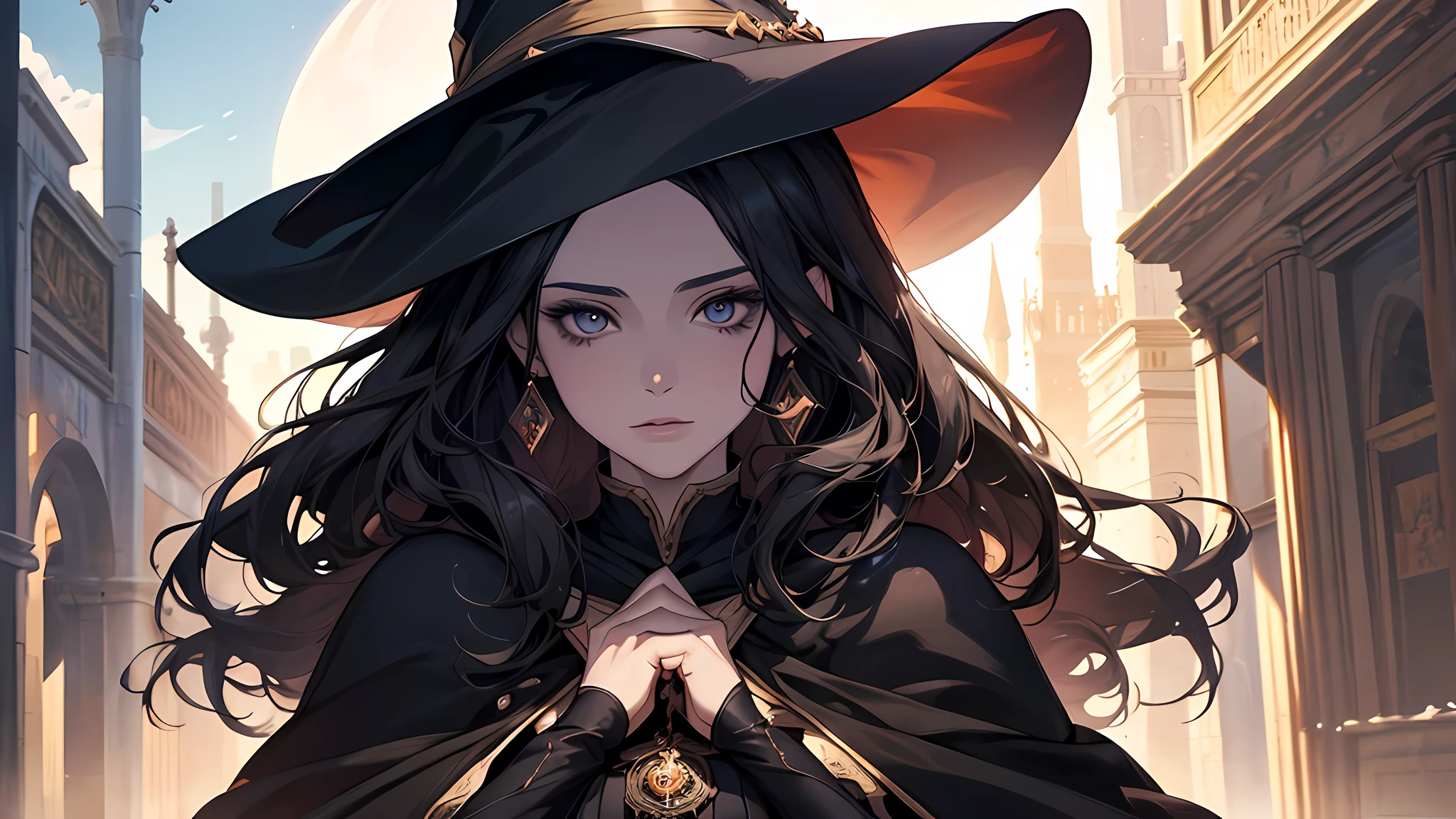 Witch in hat and cloak poses for photo, Fantasy Art Style, Stunning character art, fantasy concept art portrait, 4K fantasy art, portrait of a female mage, epic fantasy art style, epic fantasy art portrait, Fantasyart, Alexandra Fomina Artstation, 8k fantasy art, beautiful sorceress, epic exquisite character art, thick black hair, Today was the first time that she directly exchanged words with Orvieto, but she surely never thought the most talented woman of the kingdom, who was called the Witch of Sunlight, was such a calm person