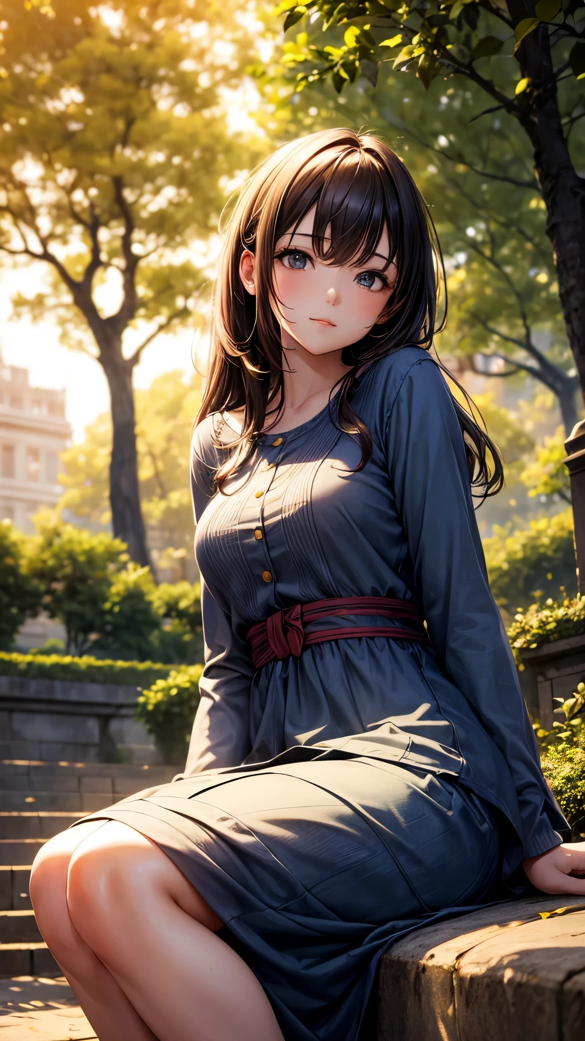 Beautiful woman, casual attire, seated in a leafy public square, bathed in the twilight glow of the setting sun, relaxed pose, serene expression, soft natural lighting, bokeh background, high resolution.