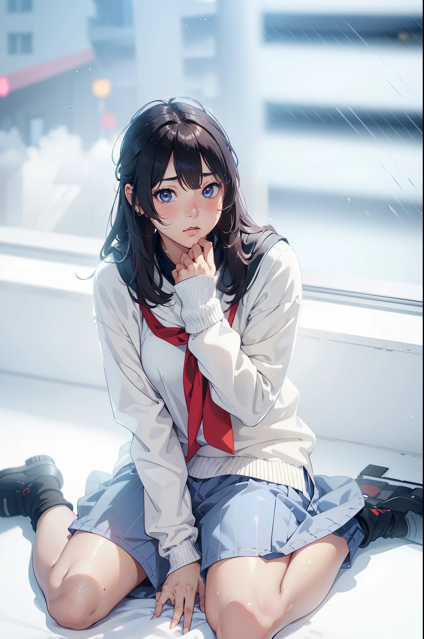 Anime girl sitting on the ground with her hand on her chin - SeaArt AI