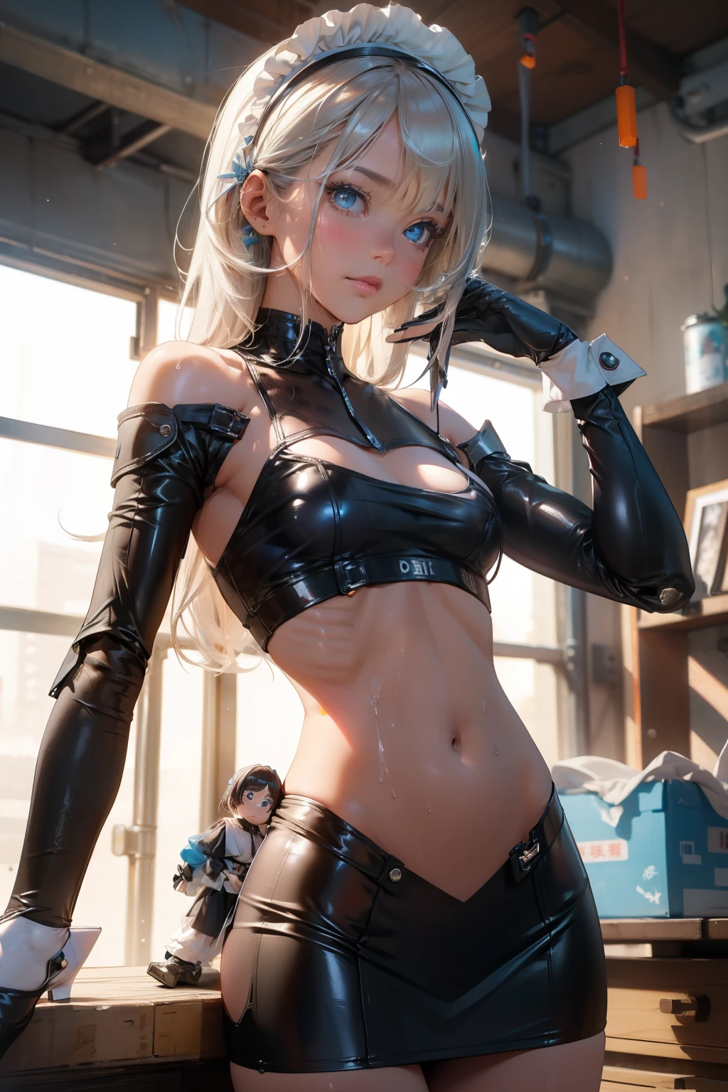 (quality)), ((masterpiece)), Recommended results、Puffy nipples、(see through:1.5)、straighten your back、abdominal muscles、huge bust、angle to floor:1.2、low camera angle、Hair loss on crotch,Hatsune Miku,cyberpunk,maid ((1 girl)), have吸引力的乳头),big breasts:1.4),Breast sagging,Colored inner hair,(((toy doll))),((Pale nipple skin,toy doll joints:1.5,Manipulator:1.5)),((silver armor dress,tesla coils)),White translucent metallic leather,part:1.5,:1.5,Mechanical joint: 1.4,mechanical limbs)),_blue_Eye:1.3))),have光泽的皮肤:1.5,bright skin: 1.5,have光泽的皮肤,very have光泽的皮肤,shining body,white plastic glitter skin, have光泽的皮肤,glowing skin,wet leg))),(lower abdomen,Yao Liu,wide hips,detailed body,(Detailed face)),(maid headdress),仅have的_Shoulder,Delicate metal decoration,have,(maid),sleeveless,mini skirt,boots,_cut out,仅have的_leg,((wet clothes,complicated outfit,complicated clothes,complicated details)),art photography,(Photos taken by sldr),high resolution, sharp focus,(super detailed, Very detailed), (realistic artwork:1.37),(Very detailed CG unity 8k wallpaper),((Synthwave background theme)),(((bright colors))),complicated,(complicated background),(masterpiece),(最好的quality),perfect face,Perfect facial details,realistic face,lifelike,analog style,((complicated detail)),(((realism))),