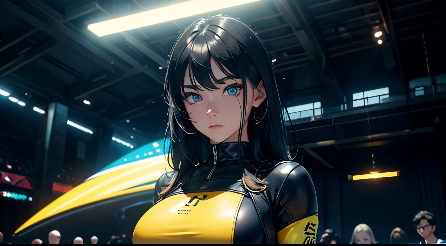 4K, A high resolution, Best quality at best, masterpiece, perfect colors, perfect shadow, perfect litthing, ((sportrait)), 1woman, fit-muscled body, bright yellow eyes，dark blue hair , blue eyes, With round lenses, The audience watched carefully, (s face: 1.2), Perfect female figure, ((standing)),  ((yellow Tight crop top leather suit)), ((shy and looking at viewert)), (Perfect thick white eyebrows) Delicate fur, 详细s face, s the perfect face, At a  fantasy cyberpunk city , (model pose standing), energetic background, perfect  city skyscape,  lighting atmosphere, ((Bonifasko lighting)), (The round lenses on his eyes)(詳細な目), Perfect student, face close up
