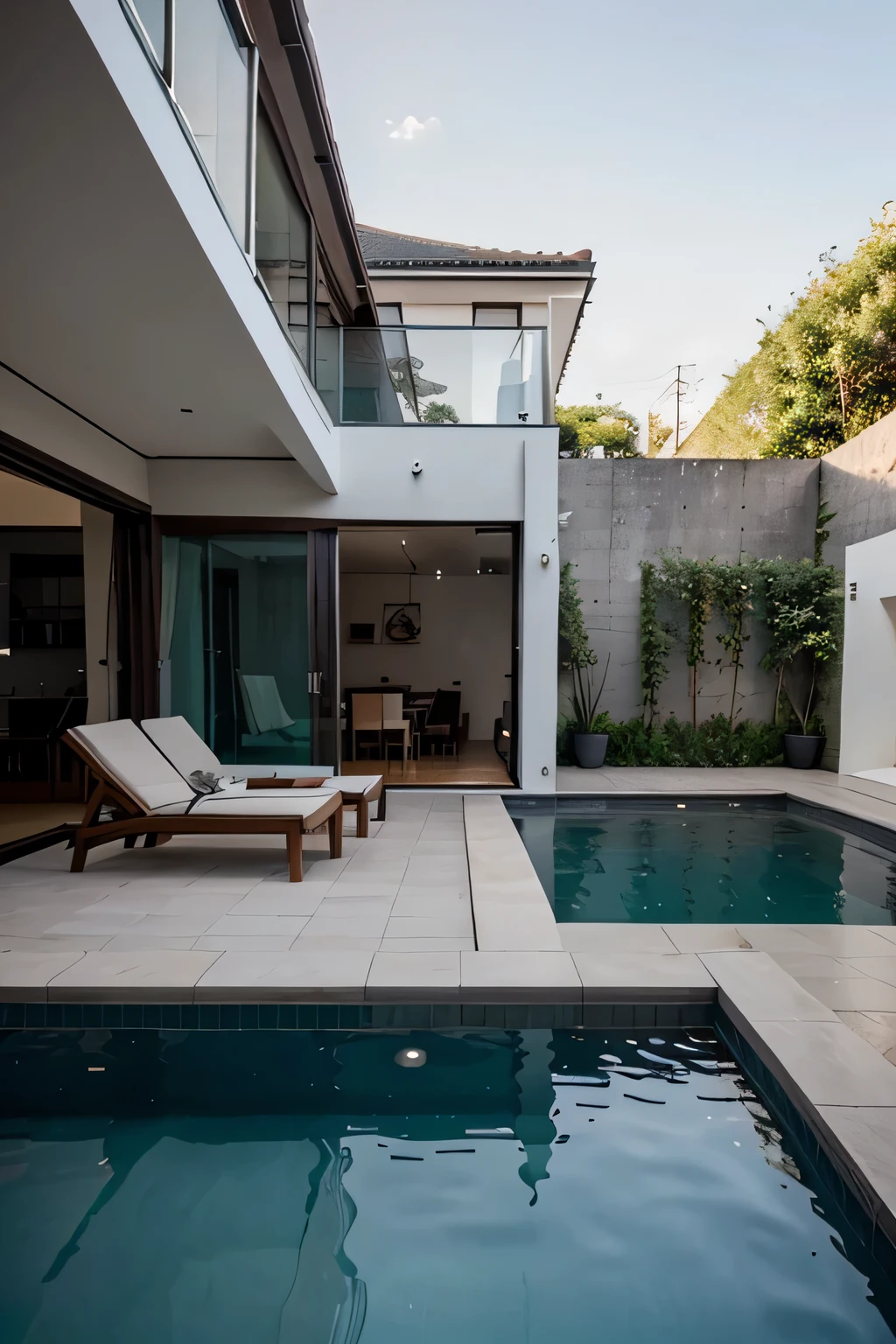 Uma moderna casa branca e minimalista em Dublinx, exterior, Material Madeira, Vidro, concreto, Water in the pool, com piscina no quintal, a luxury car in the courtyard