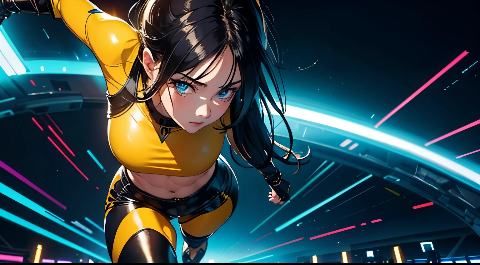 4K, A high resolution, Best quality at best, masterpiece, perfect colors, perfect shadow, perfect litthing, ((sportrait)), 1woman, fit-muscled body, bright yellow eyes,dark blue hair , blue eyes, With round lenses, The audience watched carefully, (s face: 1.2), Perfect female figure, ((standing)), ((yellow Tight crop top leather suit)), ((shy and looking at viewert)), (Perfect thick white eyebrows) Delicate fur, 详细s face, s the perfect face, At a fantasy cyberpunk city , (model pose standing), energetic background, perfect city skyscape, lighting atmosphere, ((Bonifasko lighting)), (The round lenses on his eyes)(詳細な目), Perfect student, face close up