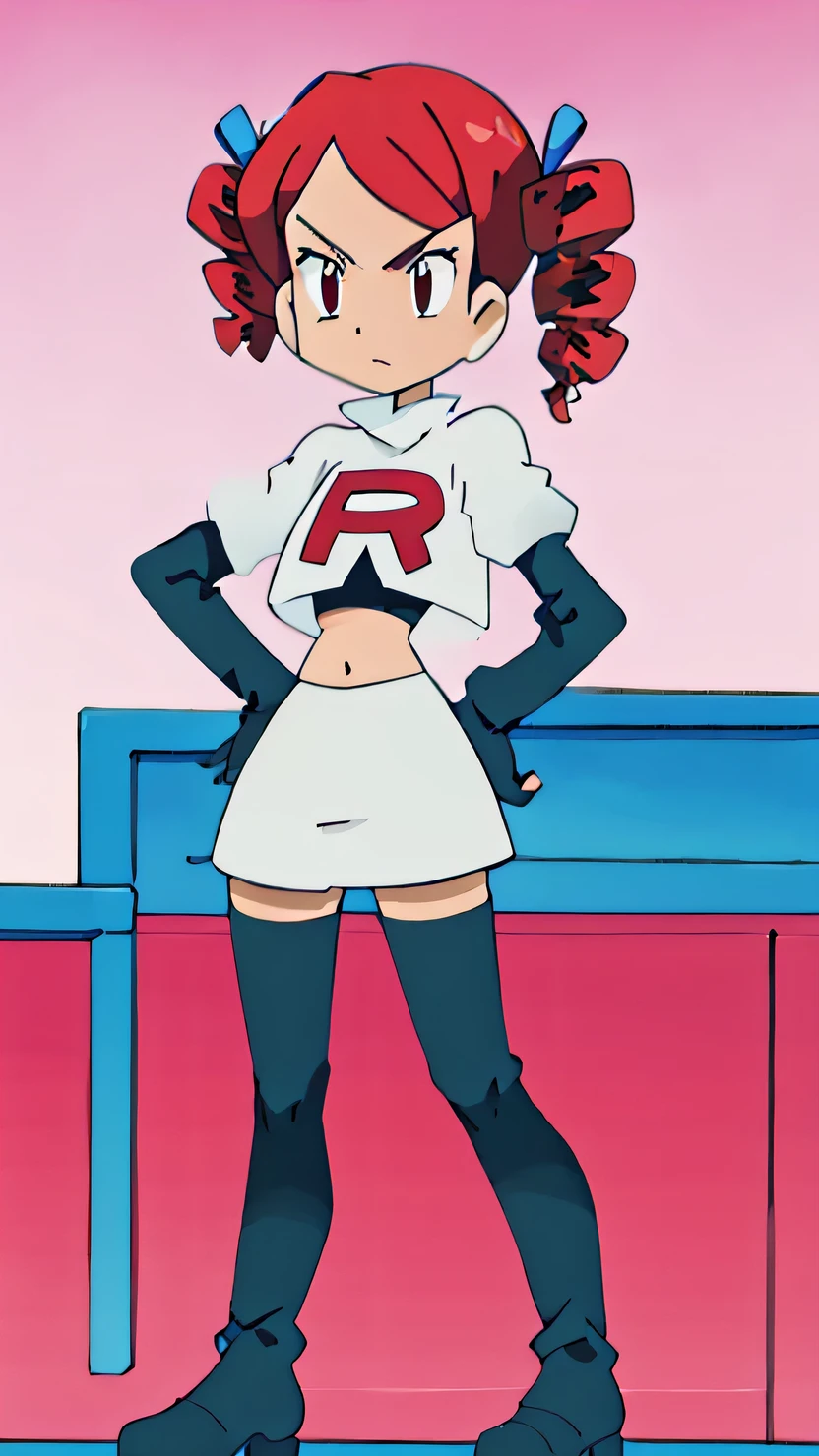 masterpiece, best quality, highres,team rocket uniform, red letter r, white skirt, white crop top, black thigh-high boots, black elbow gloves, glaring angrily, looking at viewer, hands on hips, full body seen, zettai ryouiki
