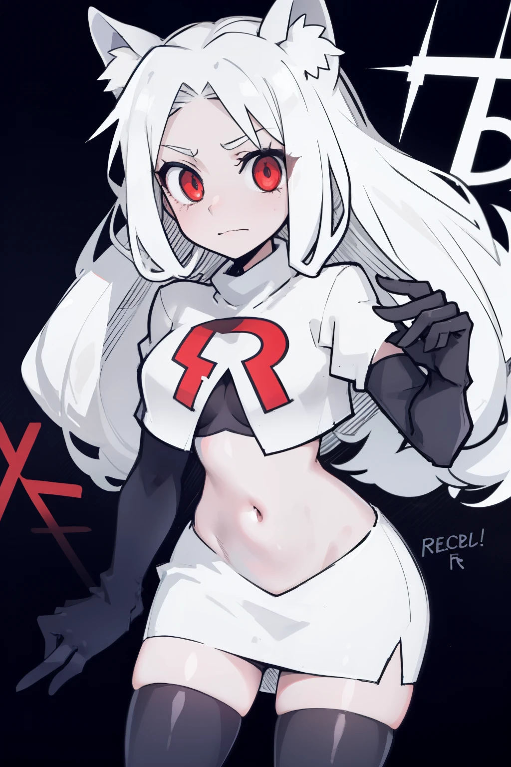masterpiece, best quality,cerberus the dog girl with trio,red eyes, white hair,team rocket,team rocket uniform,white skirt,red letter R,crop top,black thigh-highs,black elbow gloves, comic strip