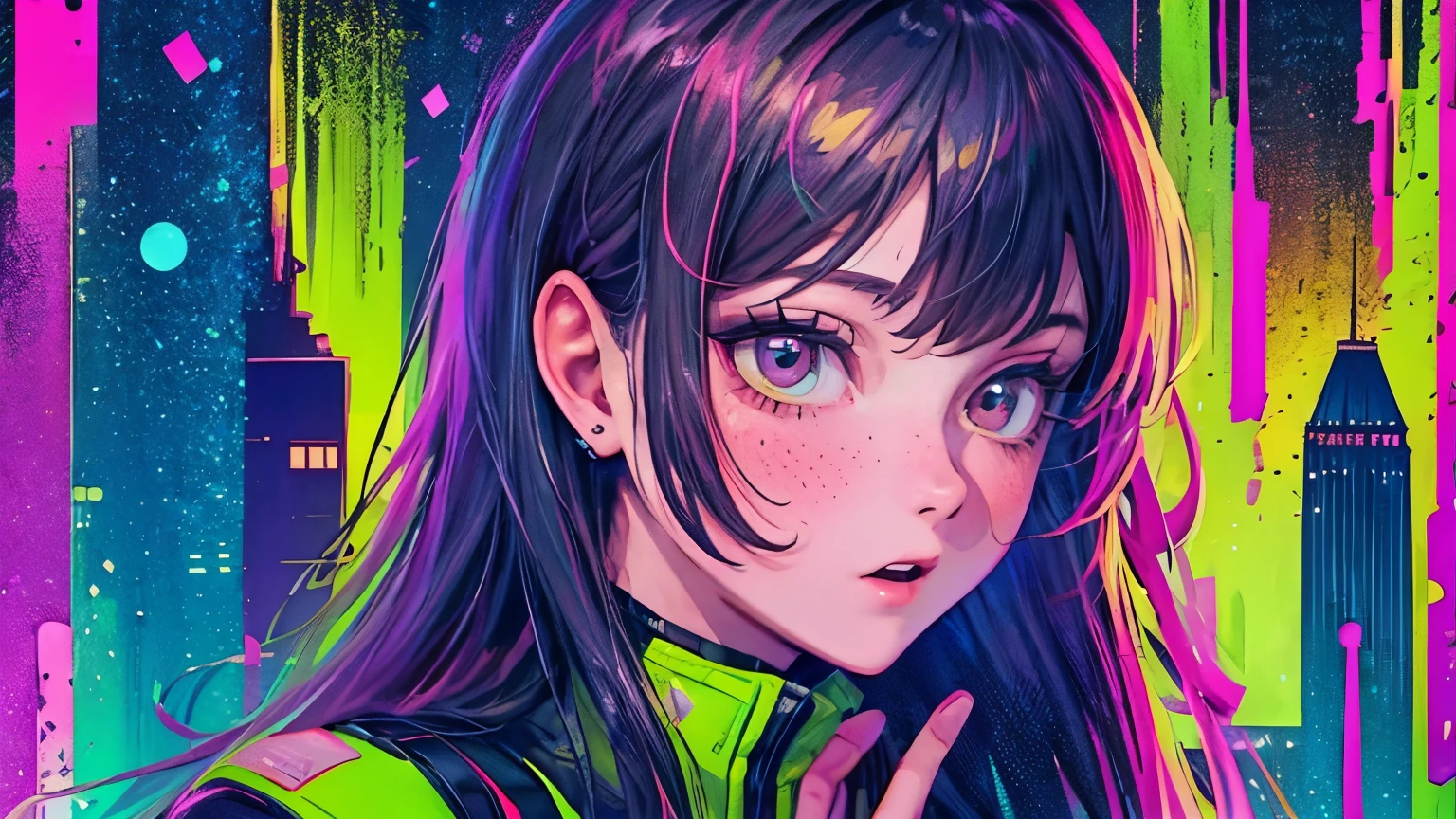 best quality, 4K wallpaper, masterpiece, extremely detailed CG unity 8k wallpaper, extremely detailed eyes, ultra-detailed, intricate details, face close up 1 happy girl in center, "no hand" retro art style, neon_pop art style, public, outdoors, roof top, city view, gotham city building