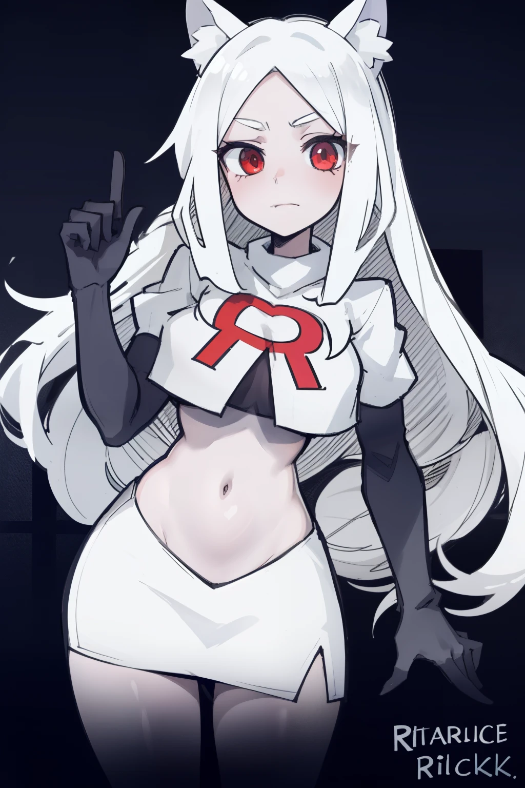 masterpiece, best quality,cerberus the dog girl with trio,red eyes, white hair,team rocket,team rocket uniform,white skirt,red letter R,crop top,black thigh-highs,black elbow gloves, comic strip