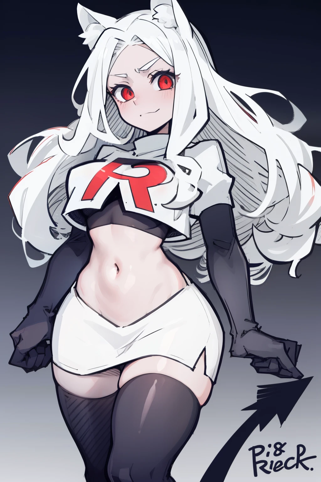 masterpiece, best quality,cerberus the dog girl with trio,red eyes, white hair,team rocket,team rocket uniform,white skirt,red letter R,crop top,black thigh-highs,black elbow gloves, comic strip